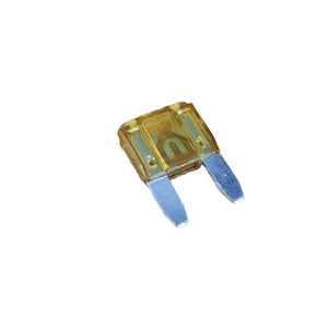 A close-up of a 20 Amp yellow Fuse, Park by Polaris with metal prongs on a white background—an essential OEM part for your Victory motorcycle.
