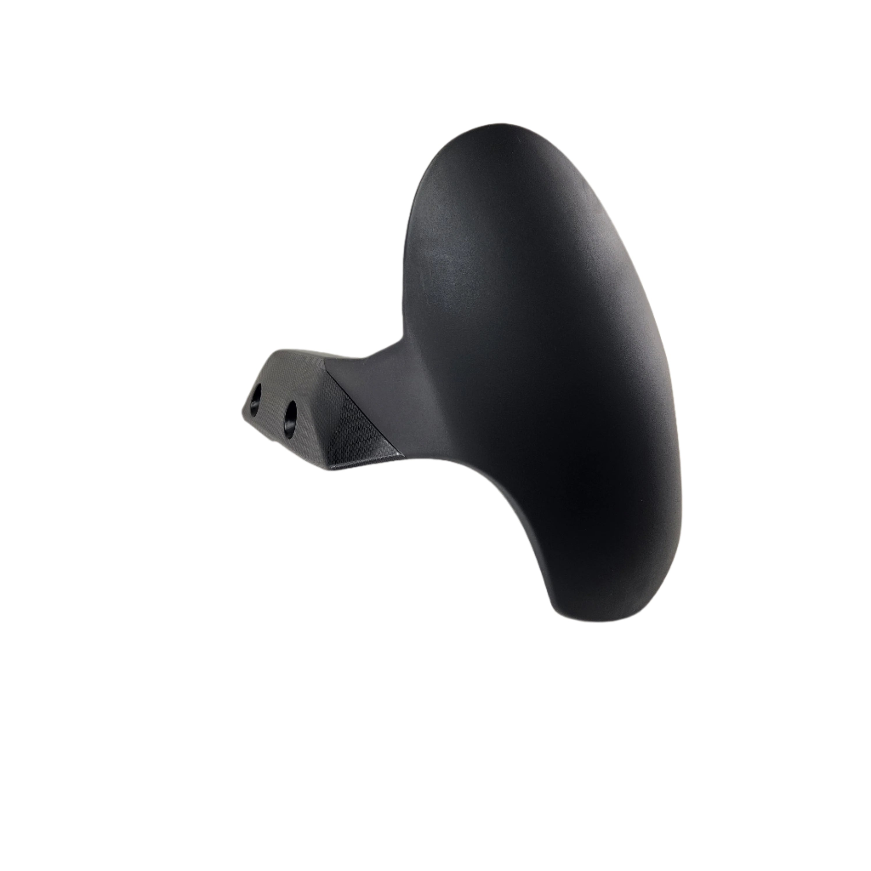 The Fender-Front 17 Txt by Polaris is a black, aerodynamically-shaped OEM part for Indian Motorcycle with a smooth curved surface and two holes near the base, shown isolated on a white background.