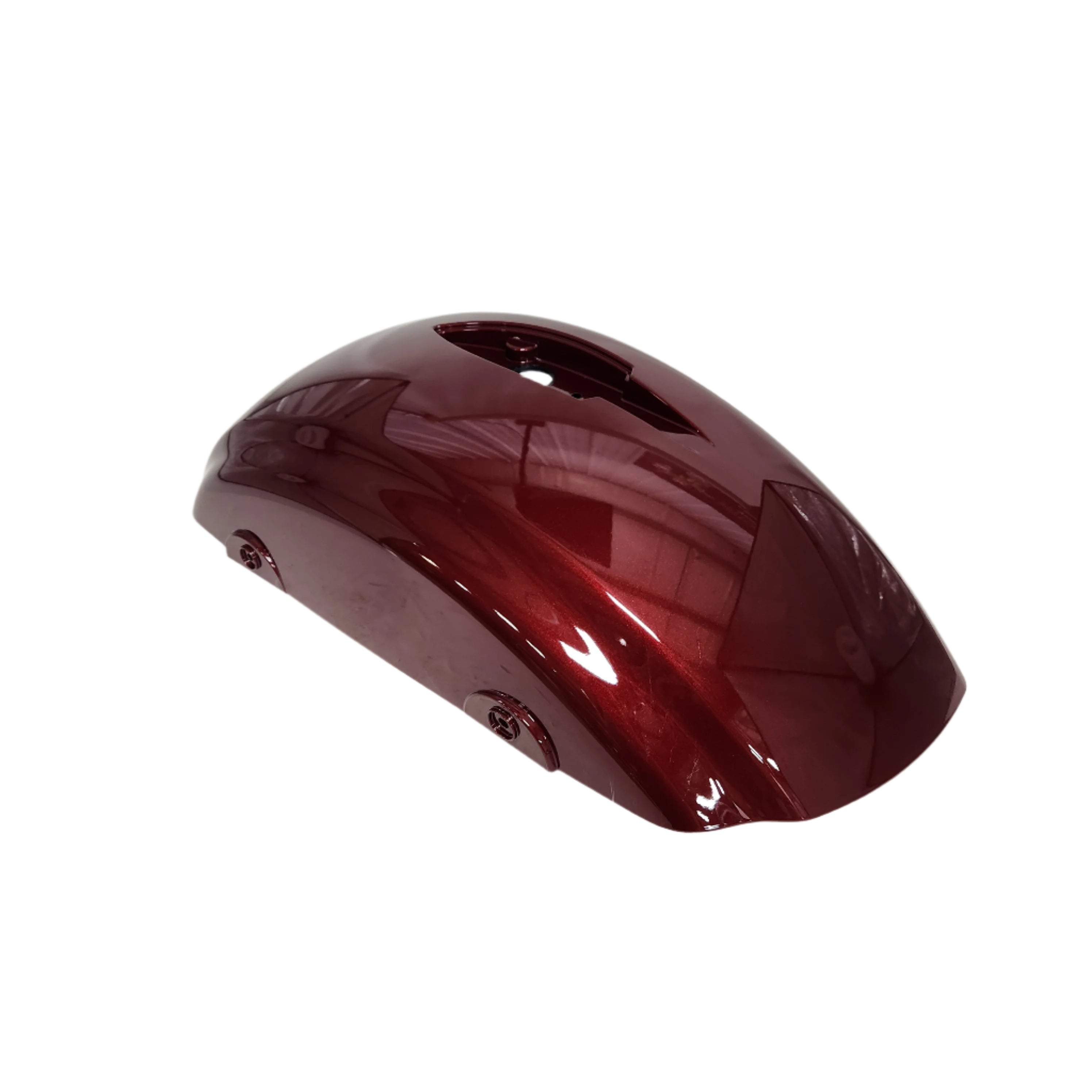 A glossy, metallic red Lid-Saddlebag LH by Polaris with a curved, smooth surface is shown against a white background.