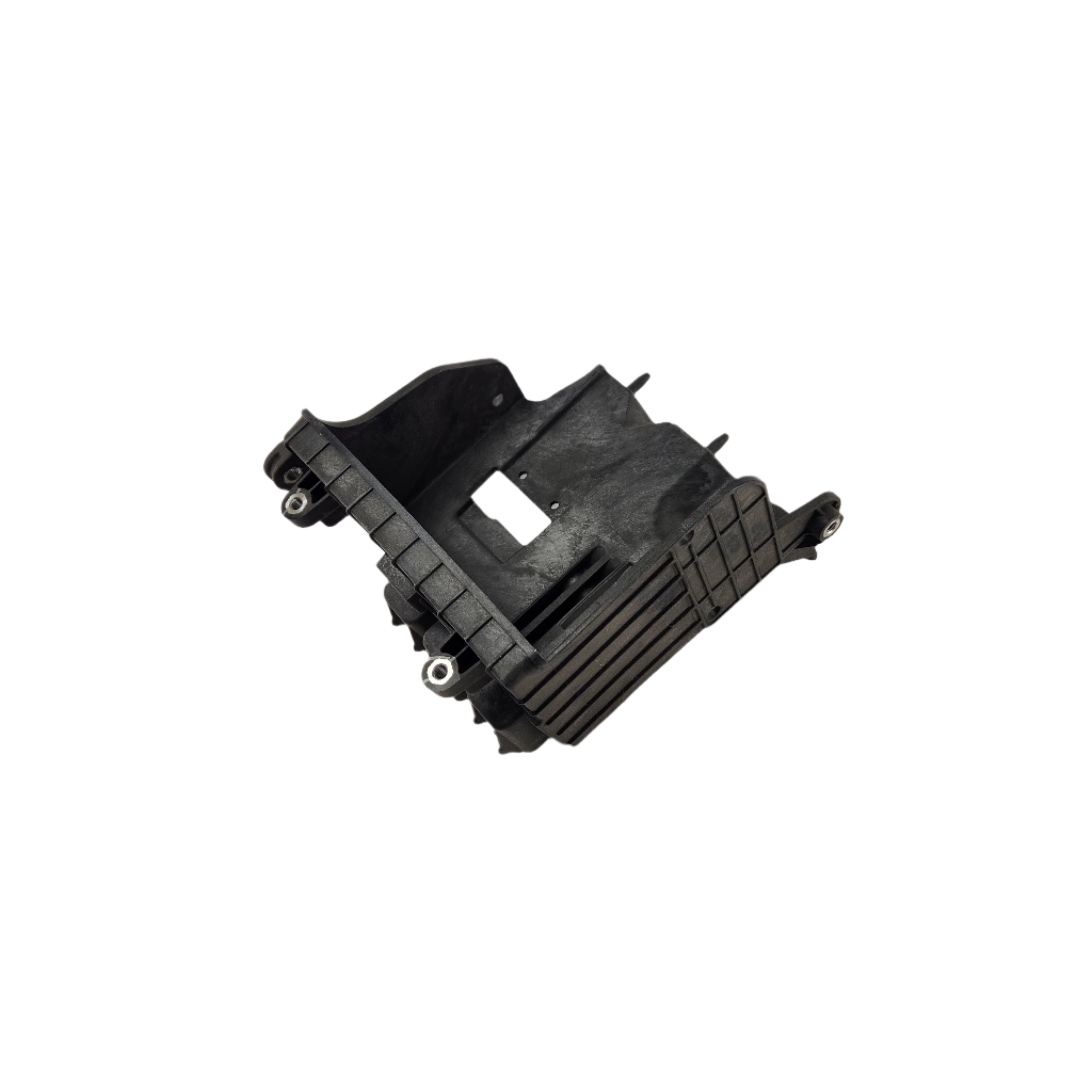 Black plastic Tray-Battery by Polaris featuring ridges, mounting holes, and a rectangular cutout, photographed on a white background—perfect for Polaris vehicles or Indian motorcycle models.