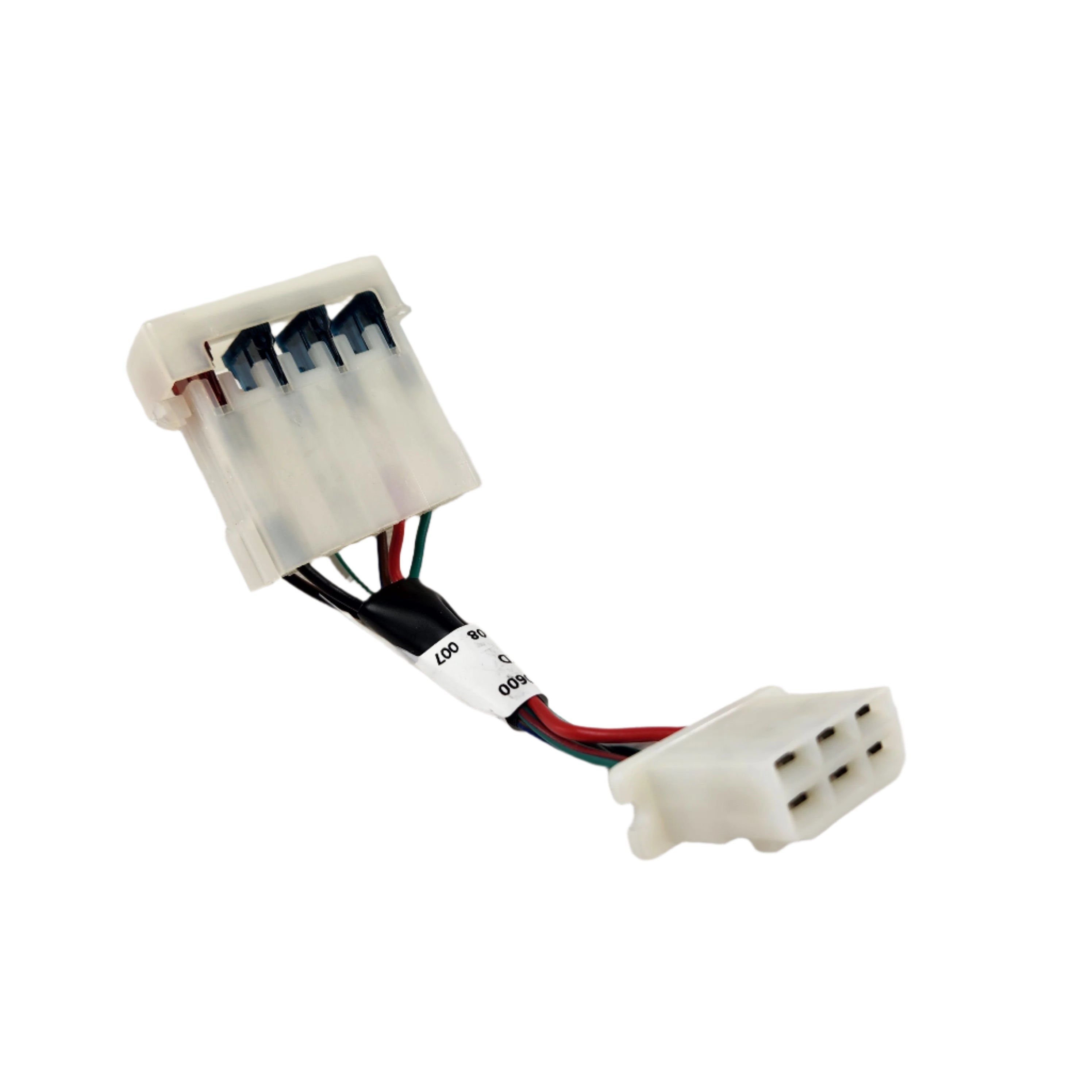 A close-up of a white 4-pin electrical connector with black, red, and green wires—ideal for the CF Moto Fuse Box or as an OEM 9010-150600 replacement—shown against a plain white background with a small label attached.