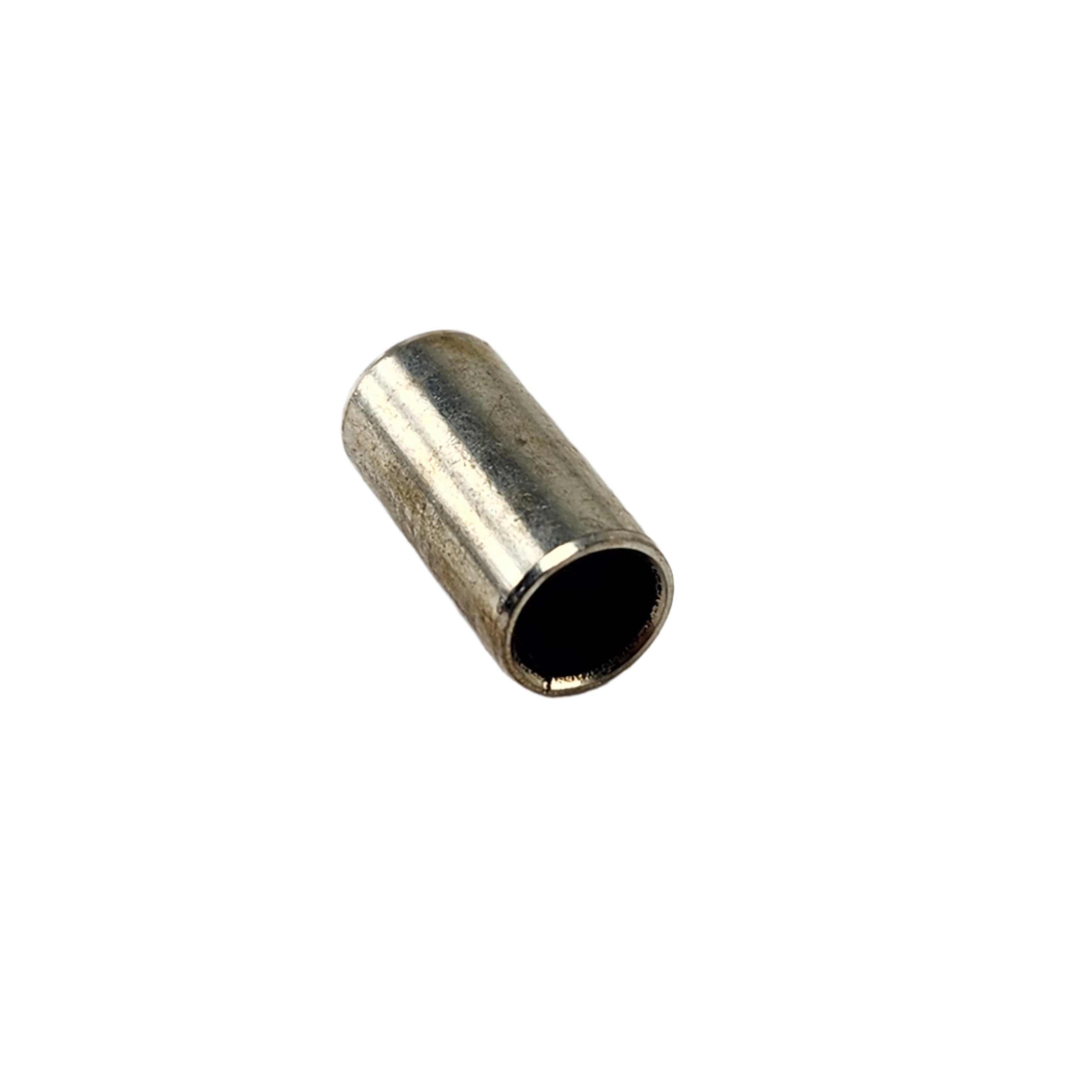 Small cylindrical metal bushing with hollow center and smooth surface finish.