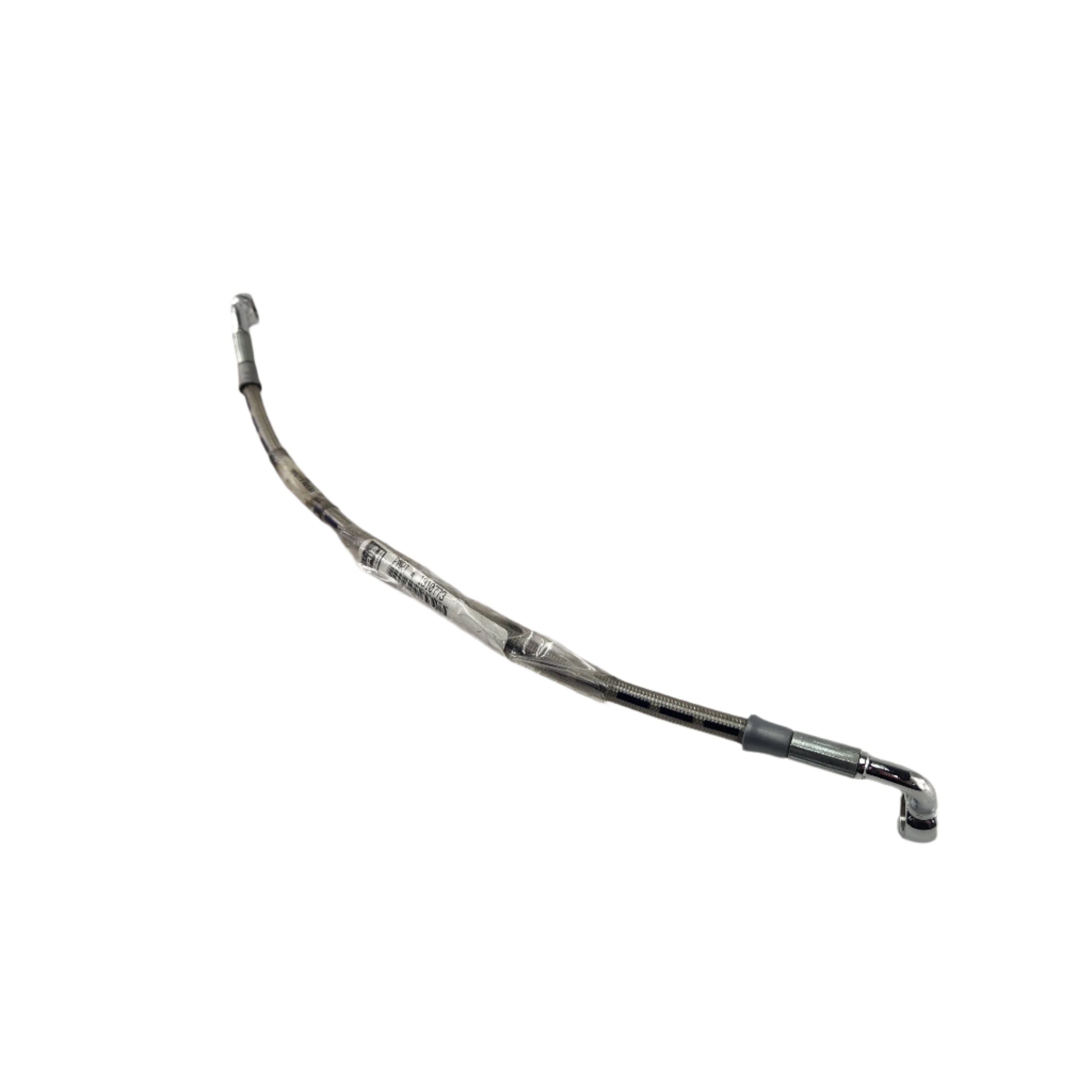 A black and silver Hose, Brake, Front by Polaris with metal connectors at both ends is shown on a white background. Available as an OEM part from Witchdoctors, it ensures reliable performance and durability for Victory motorcycles.
