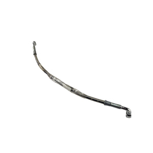 A black and silver Hose, Brake, Front by Polaris with metal connectors at both ends is shown on a white background. Available as an OEM part from Witchdoctors, it ensures reliable performance and durability for Victory motorcycles.