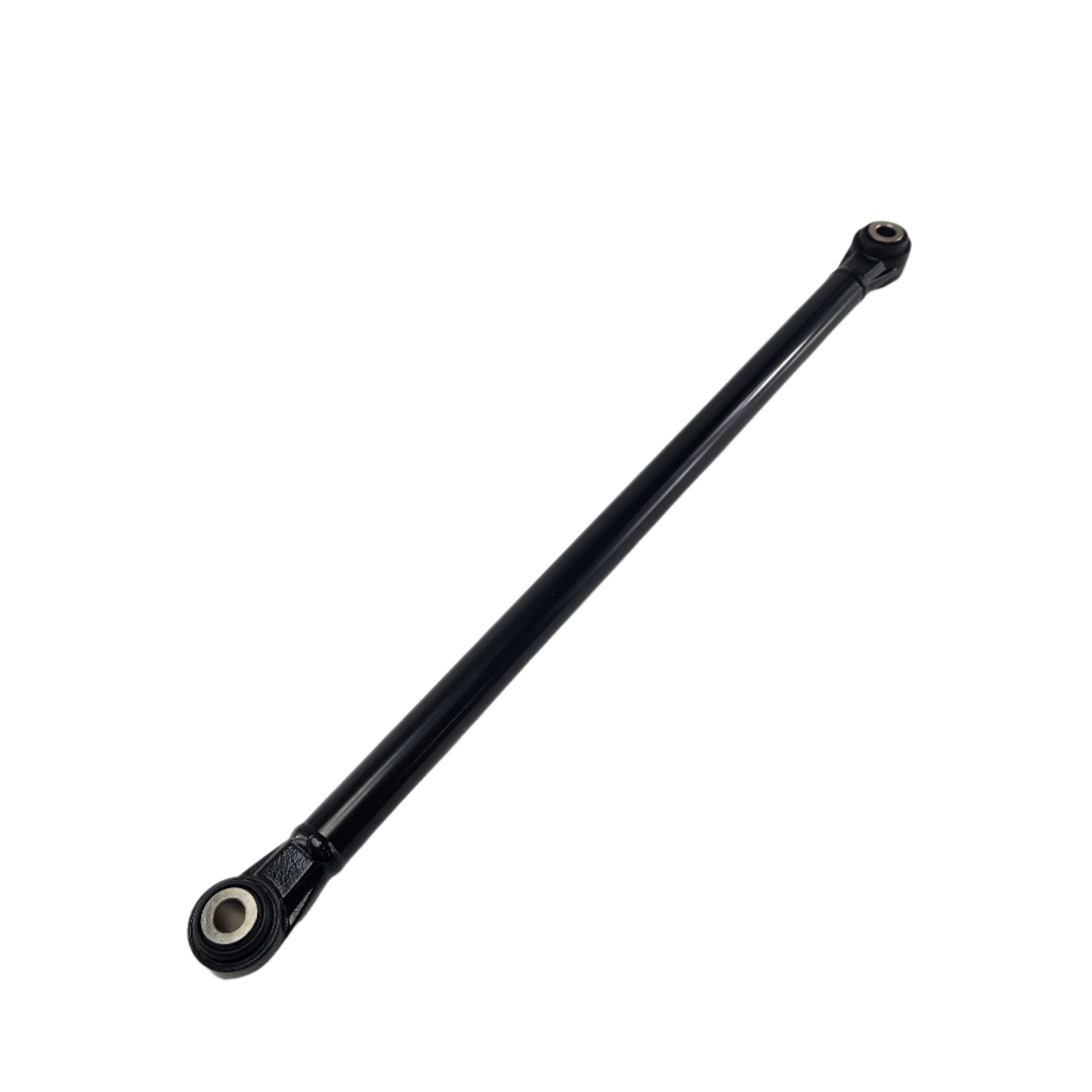 The Lower Tie Rod Rear by CF Moto, made of black metal with rounded ends and circular joints, is perfect for ATV off-road use and shown on a white background.