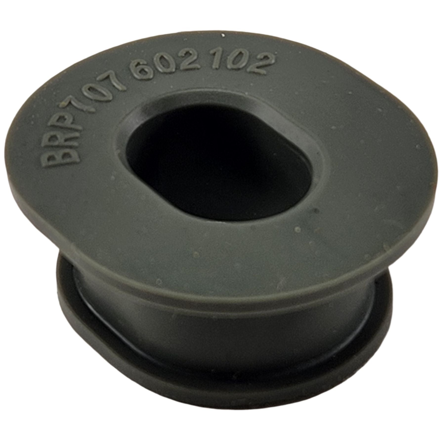 The Rubbermount by Can-Am is a black rubber grommet with an oval center hole and BRP 707 602102 embossed on top, perfect as a replacement for select OEM Can-Am ATV or SXS parts.
