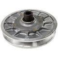 Silver metal clutch assembly with central black hub and gold screws, circular with grooved edges.