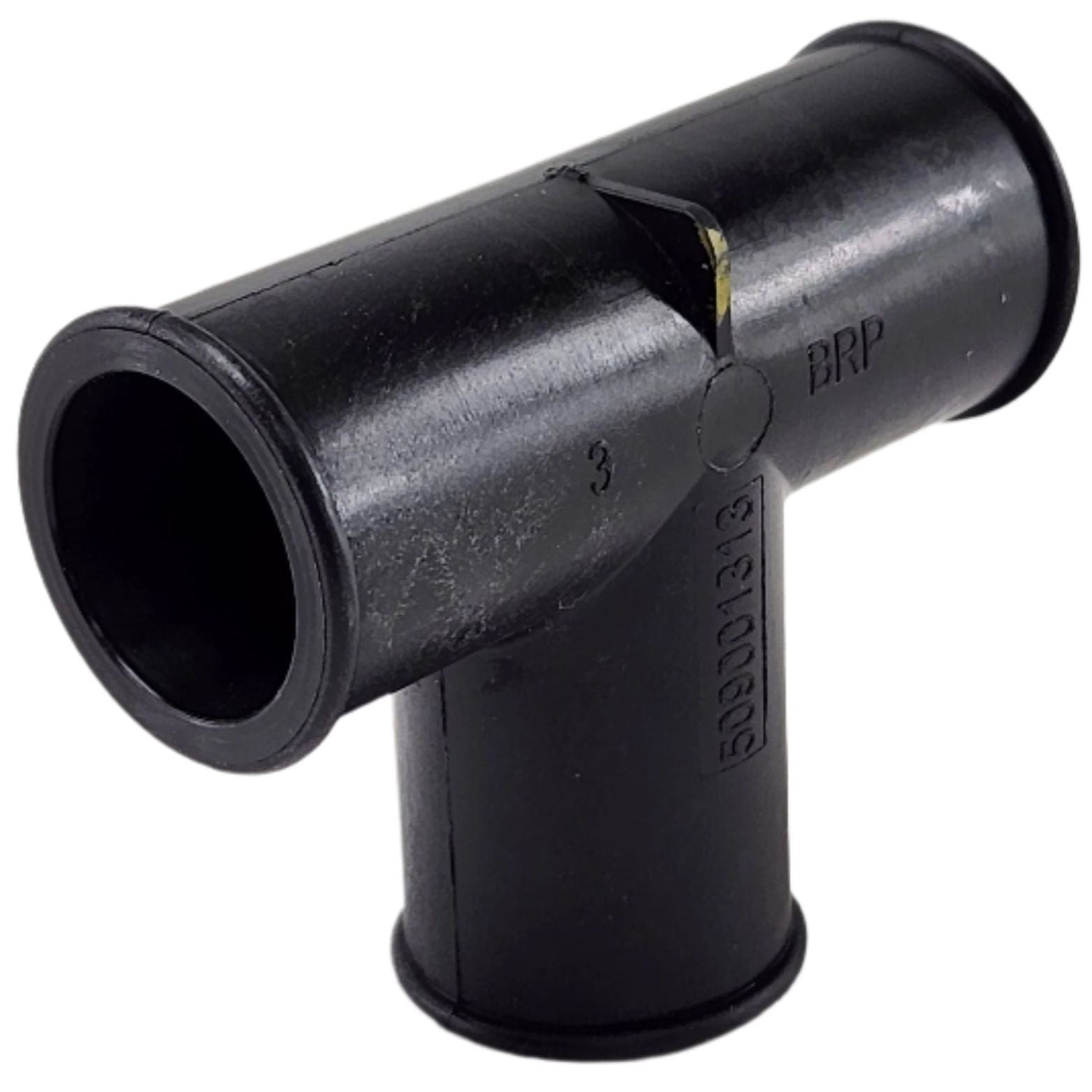 The T-Fitting by Can-Am is a black plastic OEM pipe connector with round openings on all ends, marked with BRP and numbers, commonly used in Can-Am UTV and ATV parts applications.