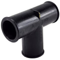 The T-Fitting by Can-Am is a black plastic OEM pipe connector with round openings on all ends, marked with BRP and numbers, commonly used in Can-Am UTV and ATV parts applications.