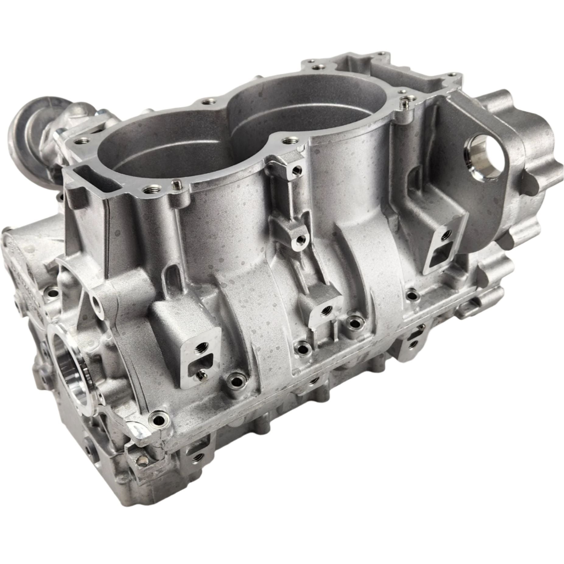 A close-up of the metallic K-Crankcase 3023658 by Polaris highlights its intricate machining and precise design, representing the quality of genuine Polaris UTV parts.