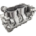 A close-up of the metallic K-Crankcase 3023658 by Polaris highlights its intricate machining and precise design, representing the quality of genuine Polaris UTV parts.