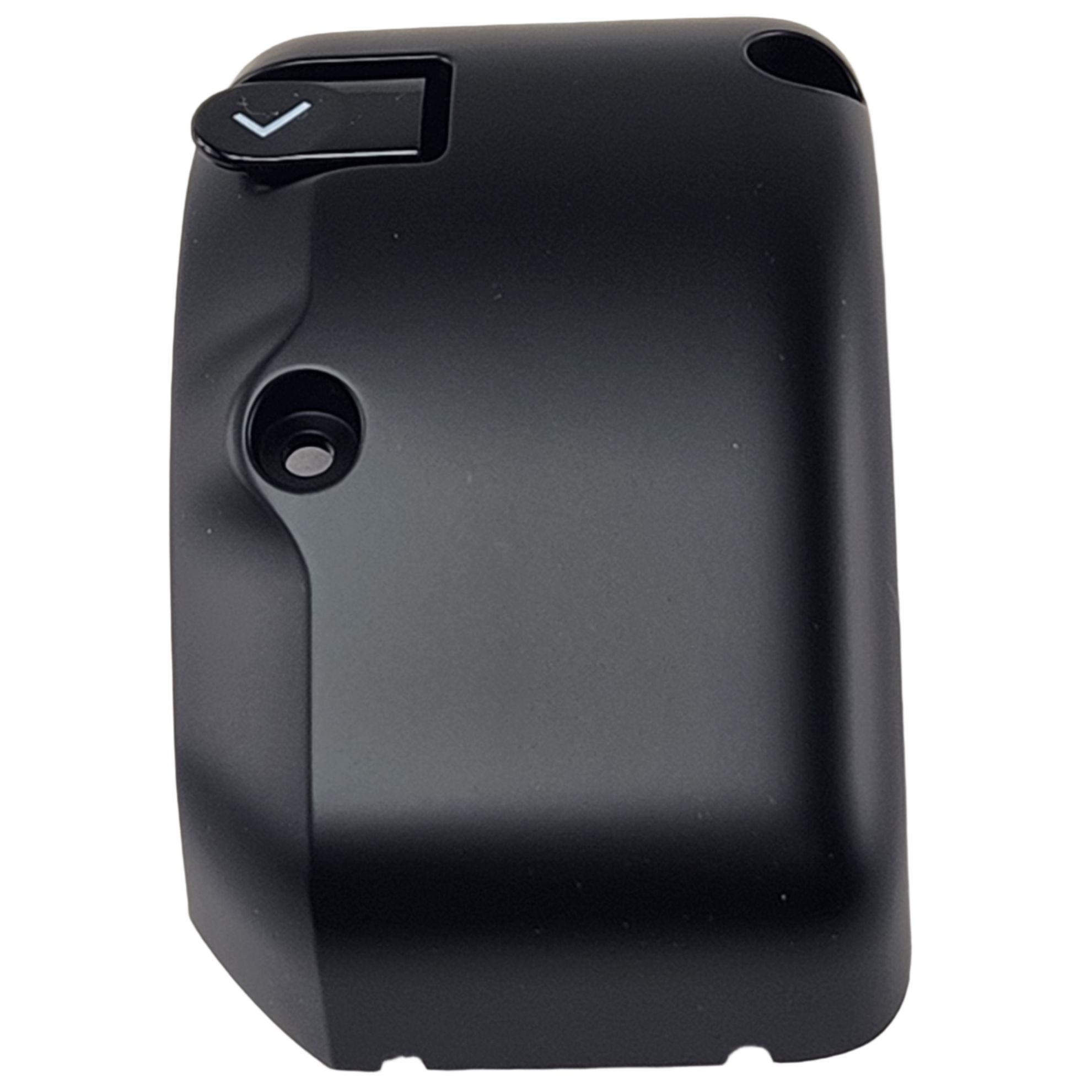 The Cvr-Switchcrl 3Row RH Rr Black by Polaris is a black plastic device cover for Indian motorcycles, featuring a visible screw hole and a top-left checkmark switch—perfect for Cvr-Switchcrl replacement.