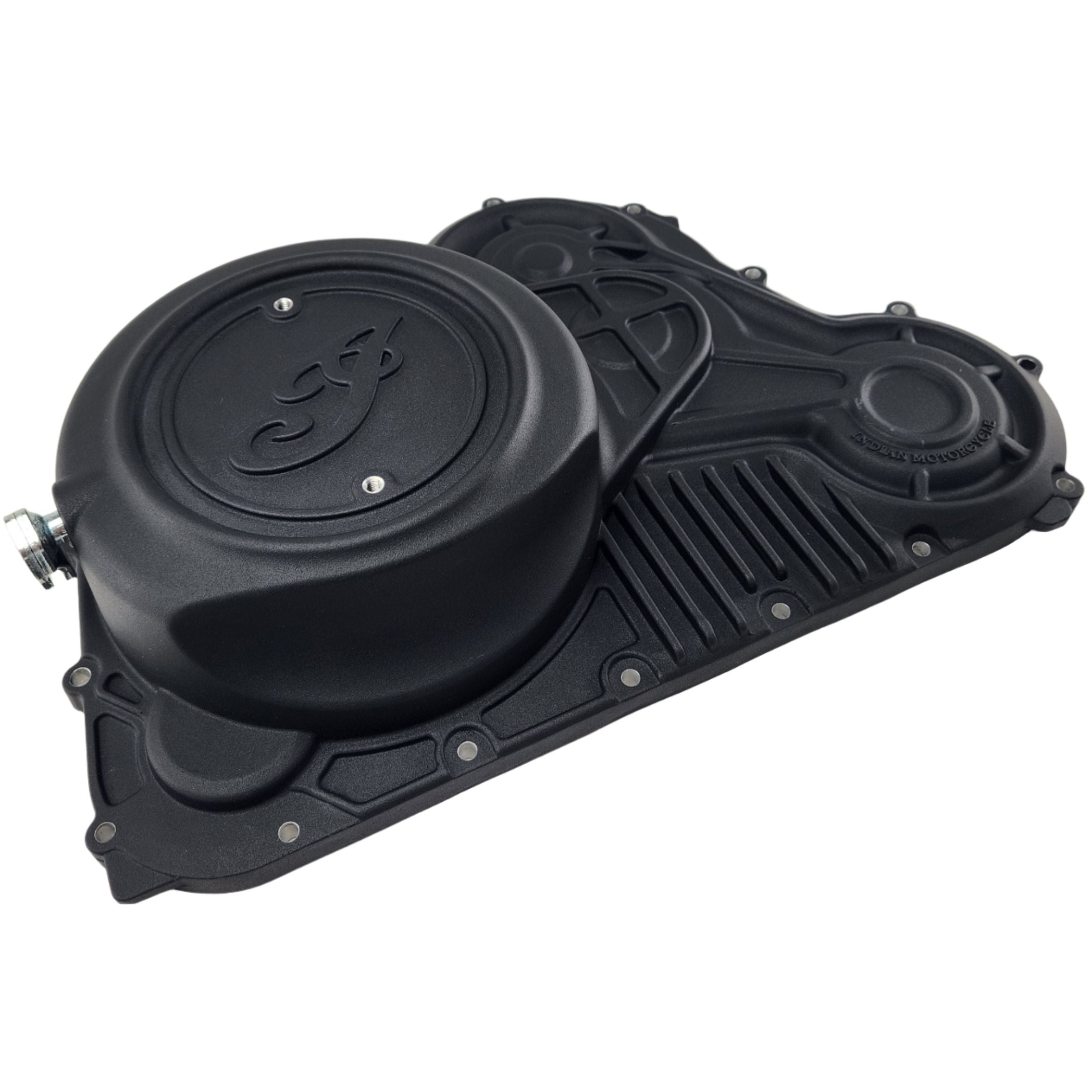 The Primary Cover Black by Polaris for Indian motorcycles features a circular compartment, detailed grooves, and a raised emblem, shown on a white background—an ideal OEM replacement part.