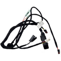 The Trunk Harness Audio V2 by Polaris, a black automotive wiring harness with colored wires, multiple connectors, green fuses, and a QR code label, is shown on a white background and fits Indian motorcycles and other OEM Polaris parts.