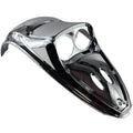 The Outer Console Chrome by Polaris features a shiny, reflective surface with two round cutouts and three elongated slots, perfect for customizing or replacing Indian motorcycle rear fenders with a sleek, smooth finish.