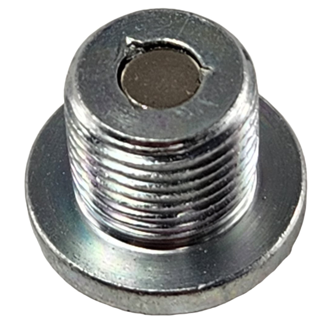 A close-up of the Oil Drainbolt Magnetic (M14X1.25X12) by CF Moto, featuring a flat washer-like base and a central circular indentation, perfect for CF-Moto OEM parts and ATV off-road accessories.