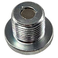 A close-up of the Oil Drainbolt Magnetic (M14X1.25X12) by CF Moto, featuring a flat washer-like base and a central circular indentation, perfect for CF-Moto OEM parts and ATV off-road accessories.