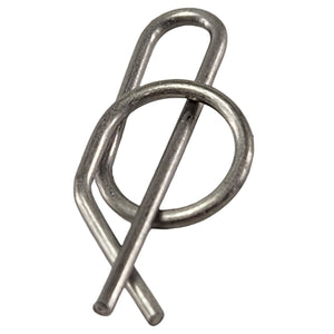 Close-up of a Rue-Clevis-Pin,0.25-Id by Polaris, featuring a looped end and straight section for securing components, commonly used in OEM Indian Polaris parts. Shown against a white background.