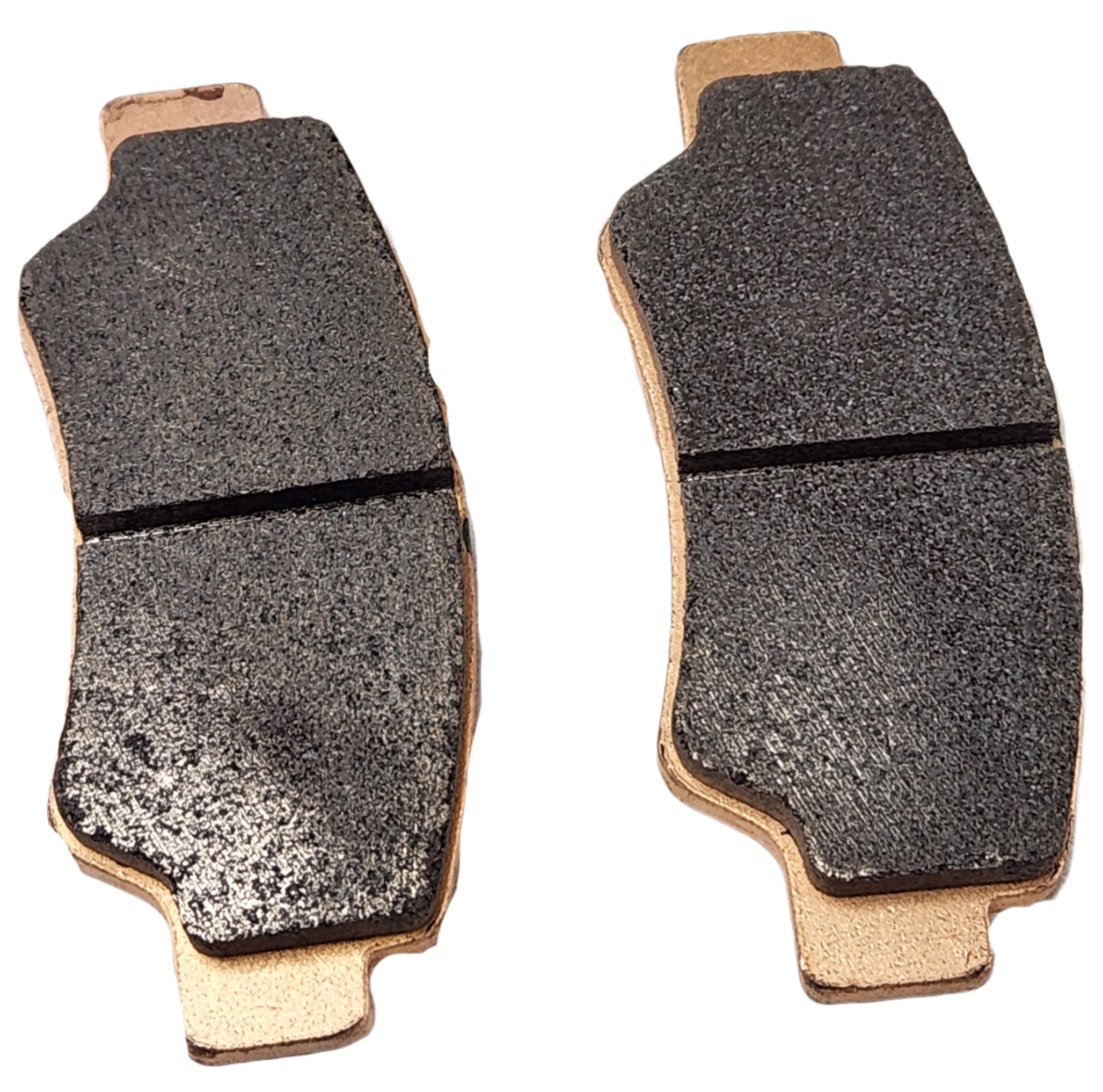 Two Rear Brake Pads (Replaces 5Hy0-0811A0) by CF Moto, featuring a textured black friction surface and center groove, are shown side by side on a white background. Designed as OEM parts for CF Moto UTVs.