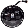A round black LED headlight with a clear lens, QR code sticker in the center, and black/red power cable with rectangular connector—ideal as the OEM Fog Light, LED, Black by Polaris for your Indian motorcycle.
