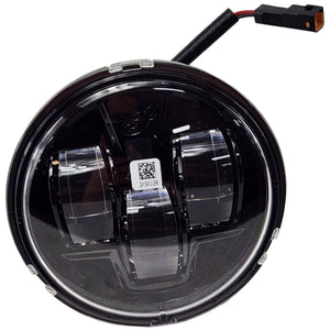 A round black LED headlight with a clear lens, QR code sticker in the center, and black/red power cable with rectangular connector—ideal as the OEM Fog Light, LED, Black by Polaris for your Indian motorcycle.