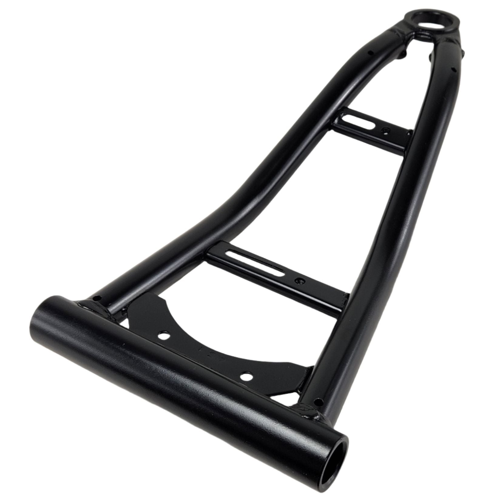 The Front Rh Lower Swing Arm by CF Moto is a black metal part with cylindrical and flat sections, shown on a white background. Perfect for CF-Moto Off Road OEM and UTV replacement.