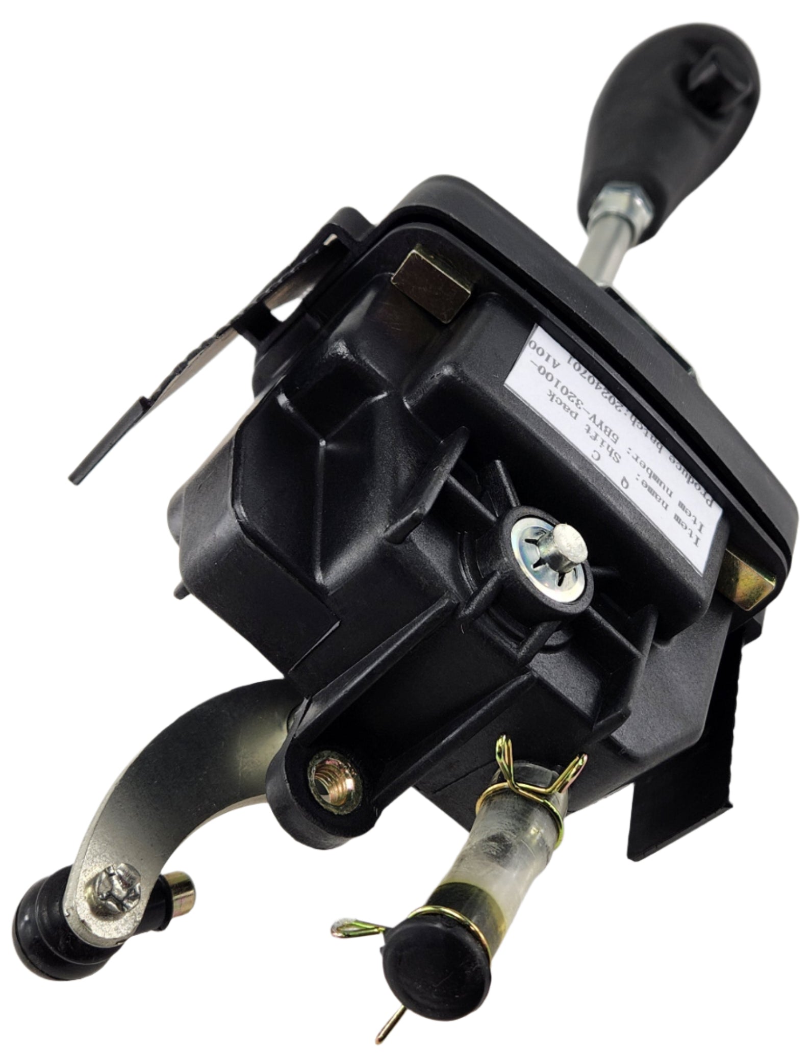 A close-up of the Gearshift Assy by CF Moto shows a black handle, metal parts, and a labeled casing against a white background—perfect for UTV accessories fans.