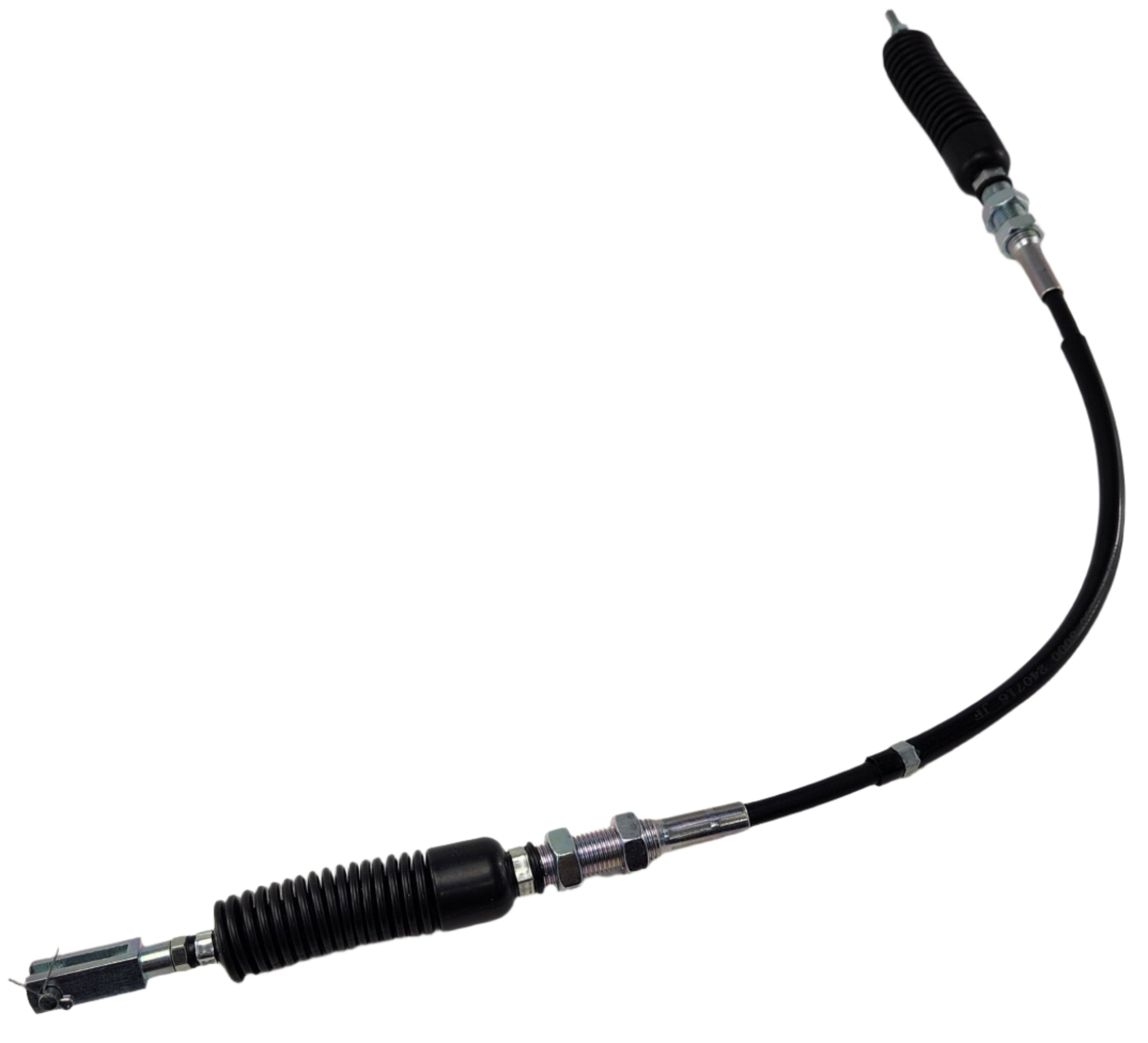 The Gearshift Cable by CF Moto—black with adjustable metal connectors and rubber boots—is an essential UTV accessory and OEM part, shown isolated on a white background.