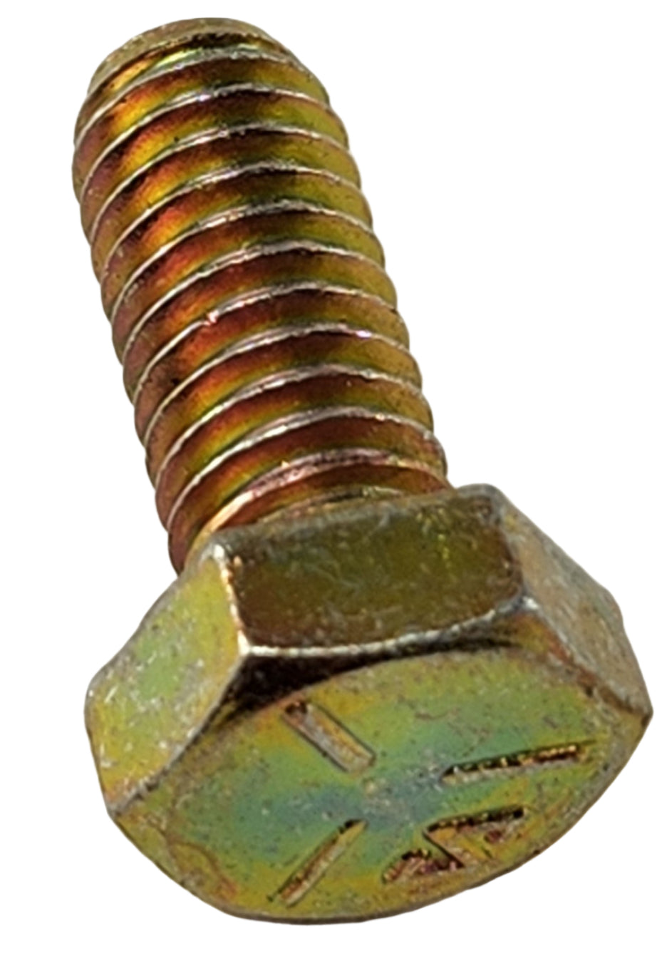 A close-up of the Polaris Bolt, 5/16-18X3/4, brass-colored with a partially threaded shaft and marked head, isolated on white—perfect for Polaris UTV repairs and fully compatible with Polaris OEM parts.