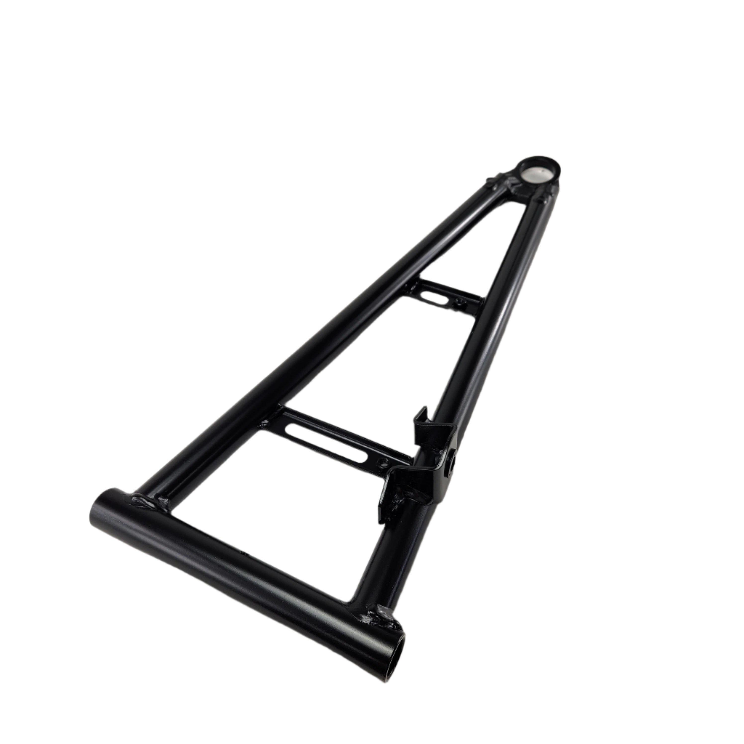 The Front Lh Lower Swing Arm by CFMOTO is a black metal, triangular OEM part with two horizontal connecting barsÑan essential ATV off-road accessory, shown against a white background.