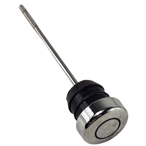 The Oil Dipstick by Polaris features a round chrome top, black rubber gasket, and long threaded metal rod—crafted with attention to detail reminiscent of OEM Indian Polaris parts.