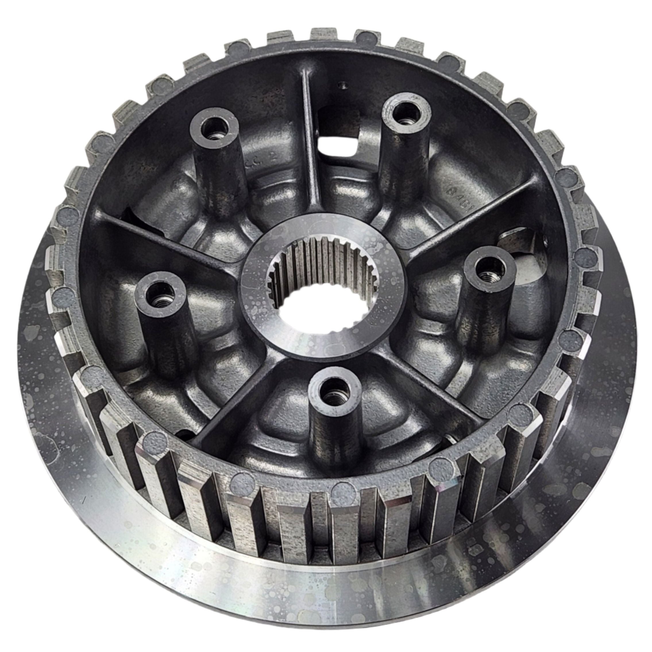 The Inner Clutch Hub by Polaris is a metal, circular gear with internal splines, evenly spaced holes, and vertical outer teeth—ideal as an OEM replacement for Indian Thunder Stroke 111 or Victory V-Twin motorcycle clutches.