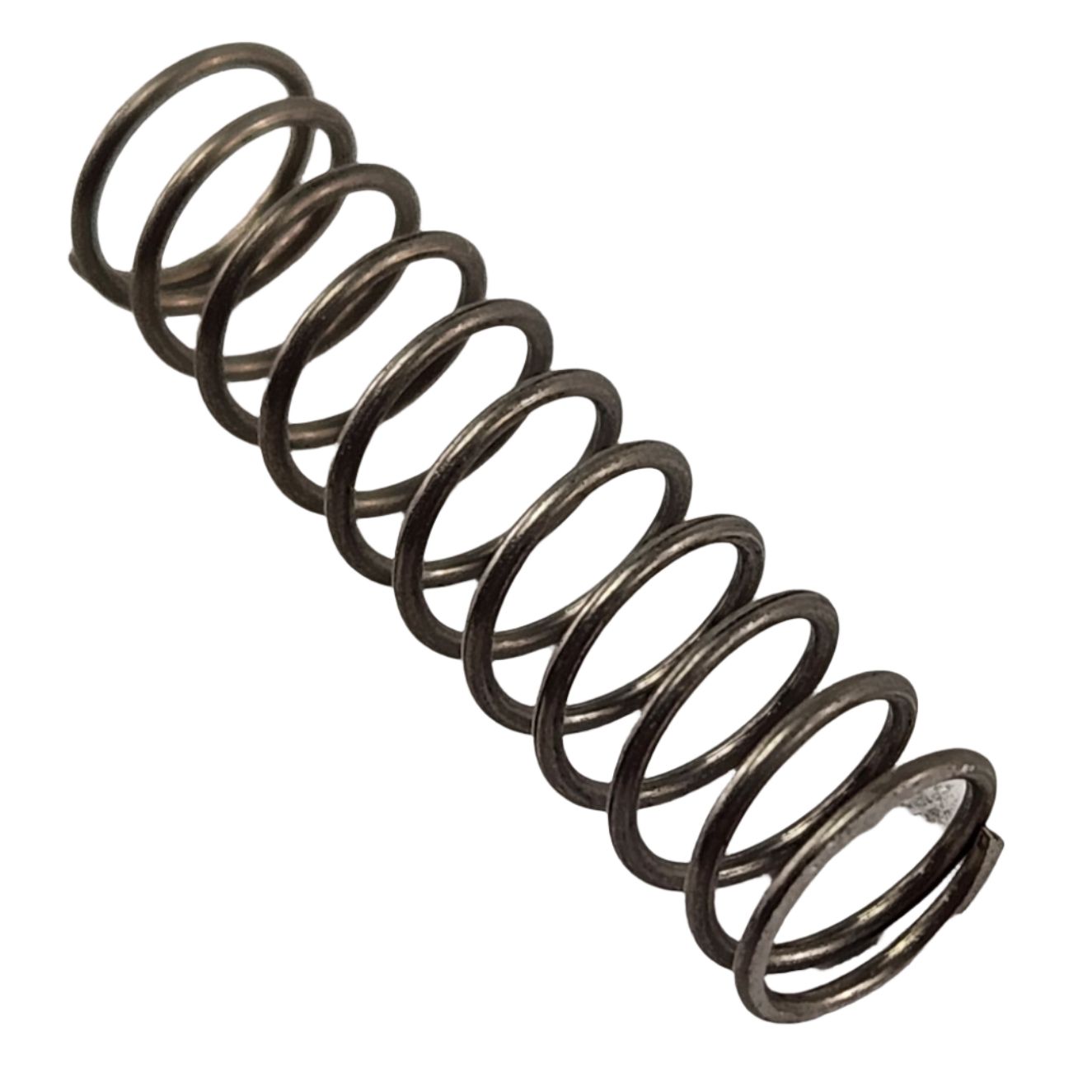 A close-up of the Spring, Return By Arctic Cat, a shiny coiled metal part, slightly tilted and isolated on white. This essential OEM component is commonly used in ATV off-road accessories for reliable durability and performance.