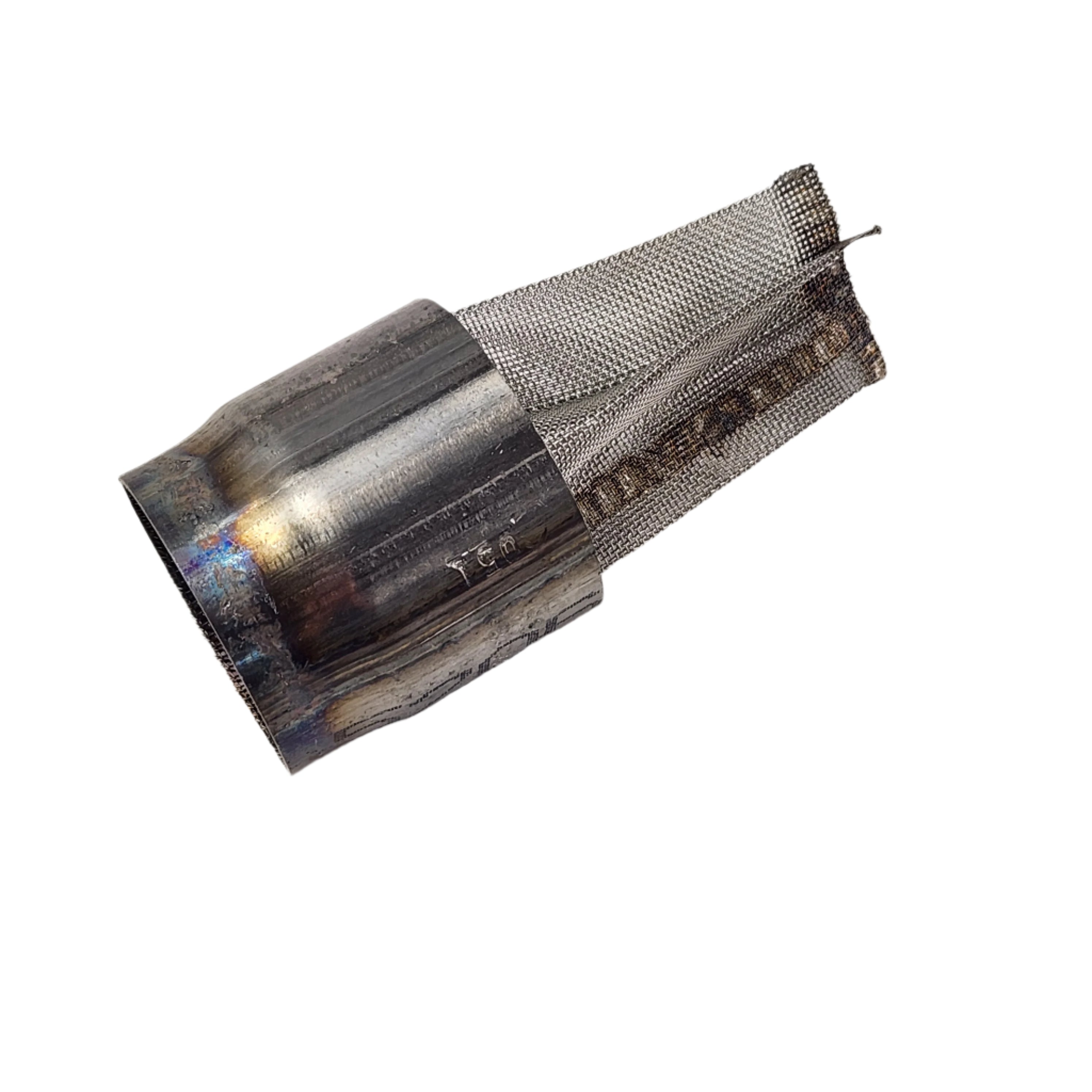 The Spark Arrester By Arctic Cat is a metallic cylindrical filter with a mesh cone, showing burnt discoloration. Perfect for Arctic Cat UTV or off-road OEM parts use. Isolated on a white background.