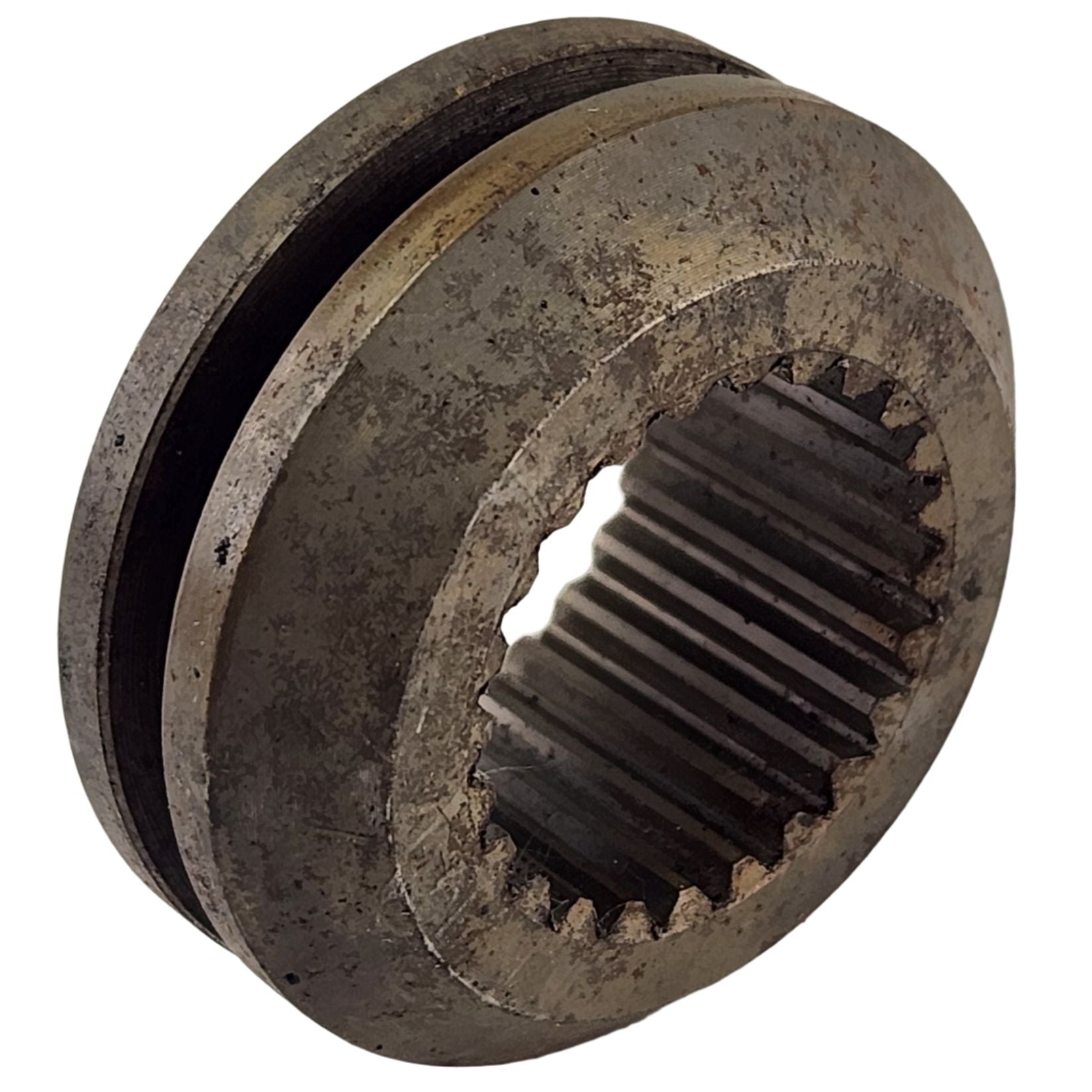 A close-up of a worn, metallic Coupler, Drive By Arctic Cat shows its grooved edge and internal teeth—perfect for those seeking Arctic Cat UTV parts or OEM coupler 0402-413 replacements.