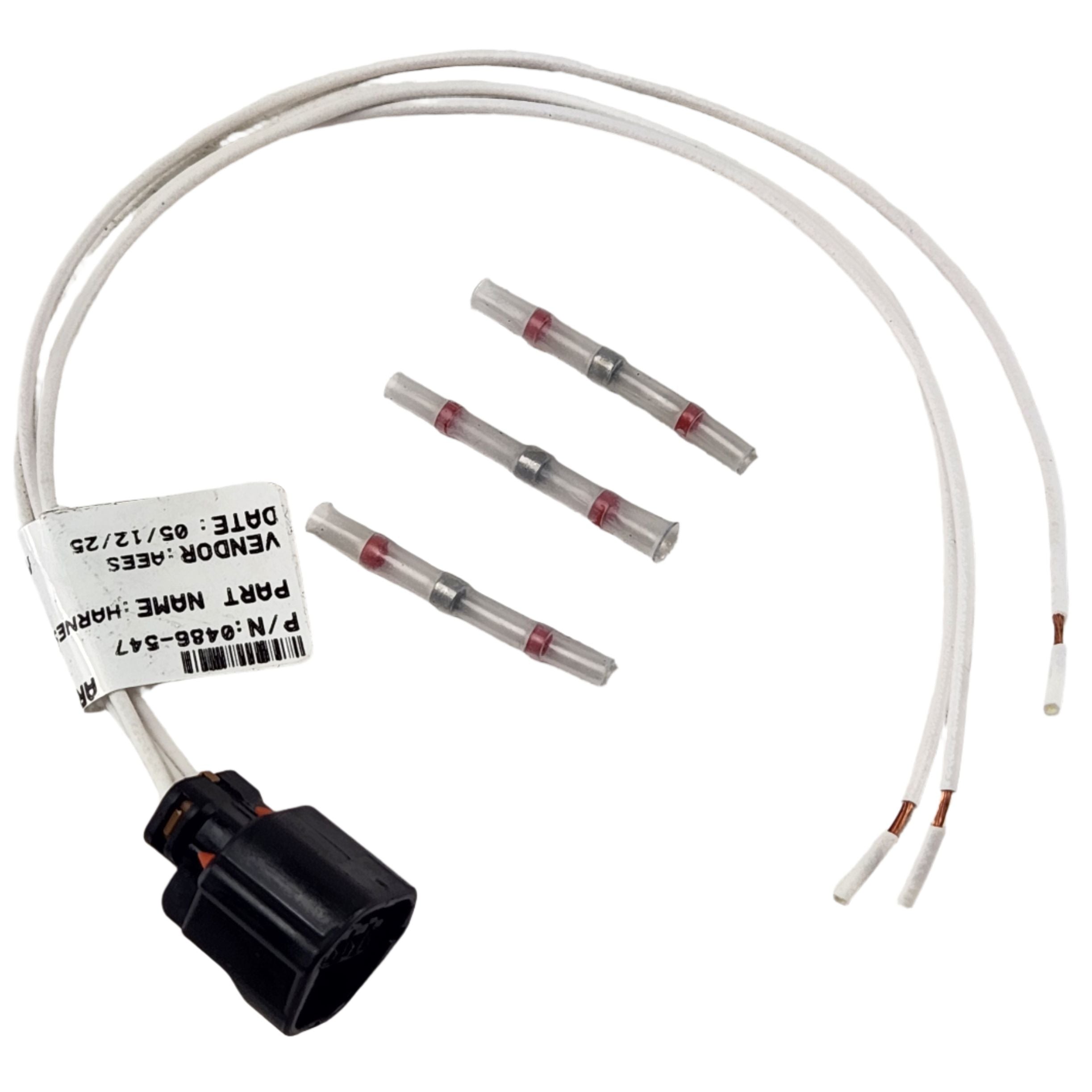 Kit, Harness, Repair-Tps Sensor by Arctic Cat features a black connector, three white wires, barcode tag, and three clear heat-shrink butt connectors with pink bands—essential ATV off-road parts.