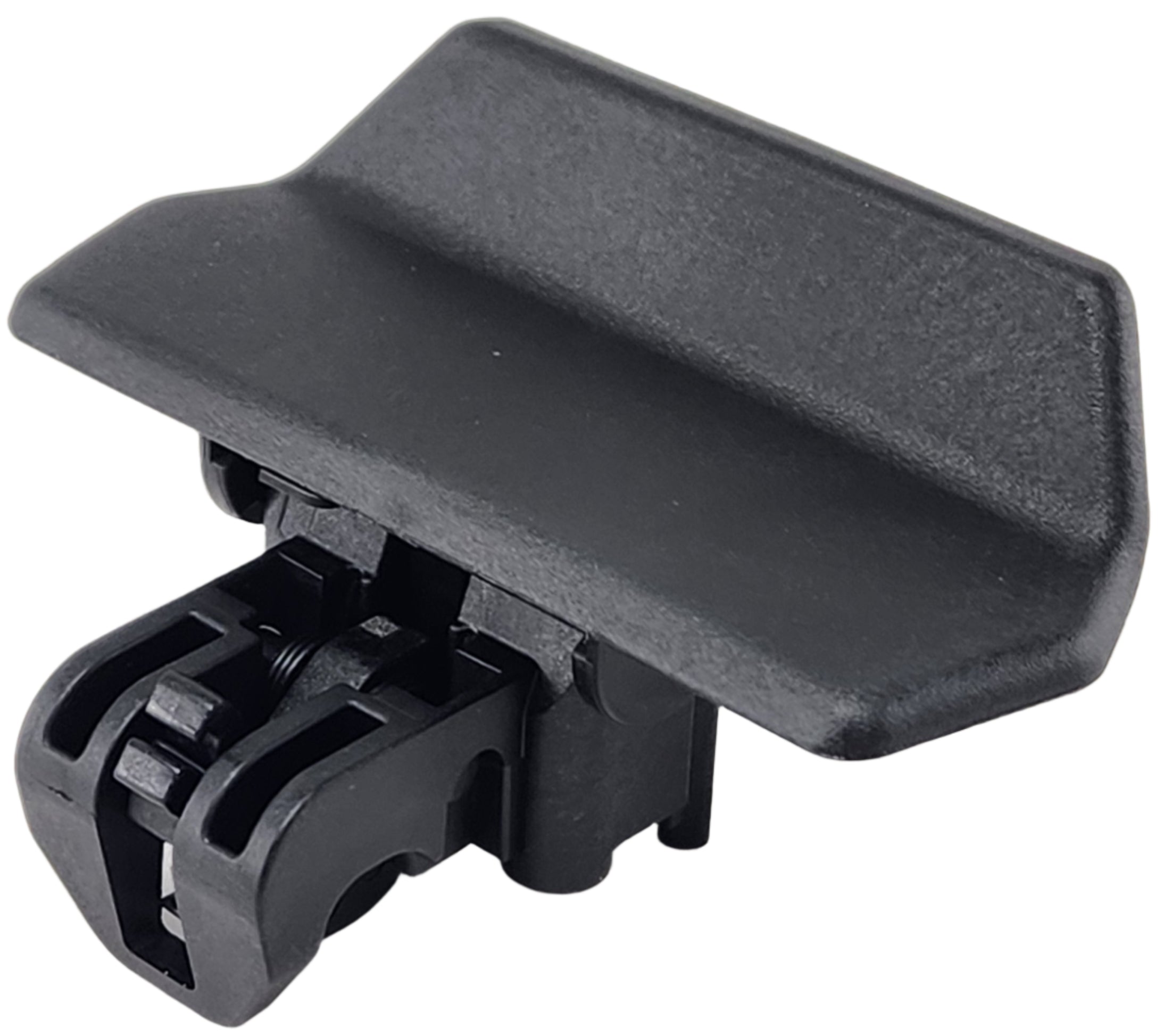 A close-up of the Polaris Assembly-Latch, Storage, Center—a black plastic OEM automotive fastener with a wide angled head and locking base, designed for secure Polaris UTV parts assembly.