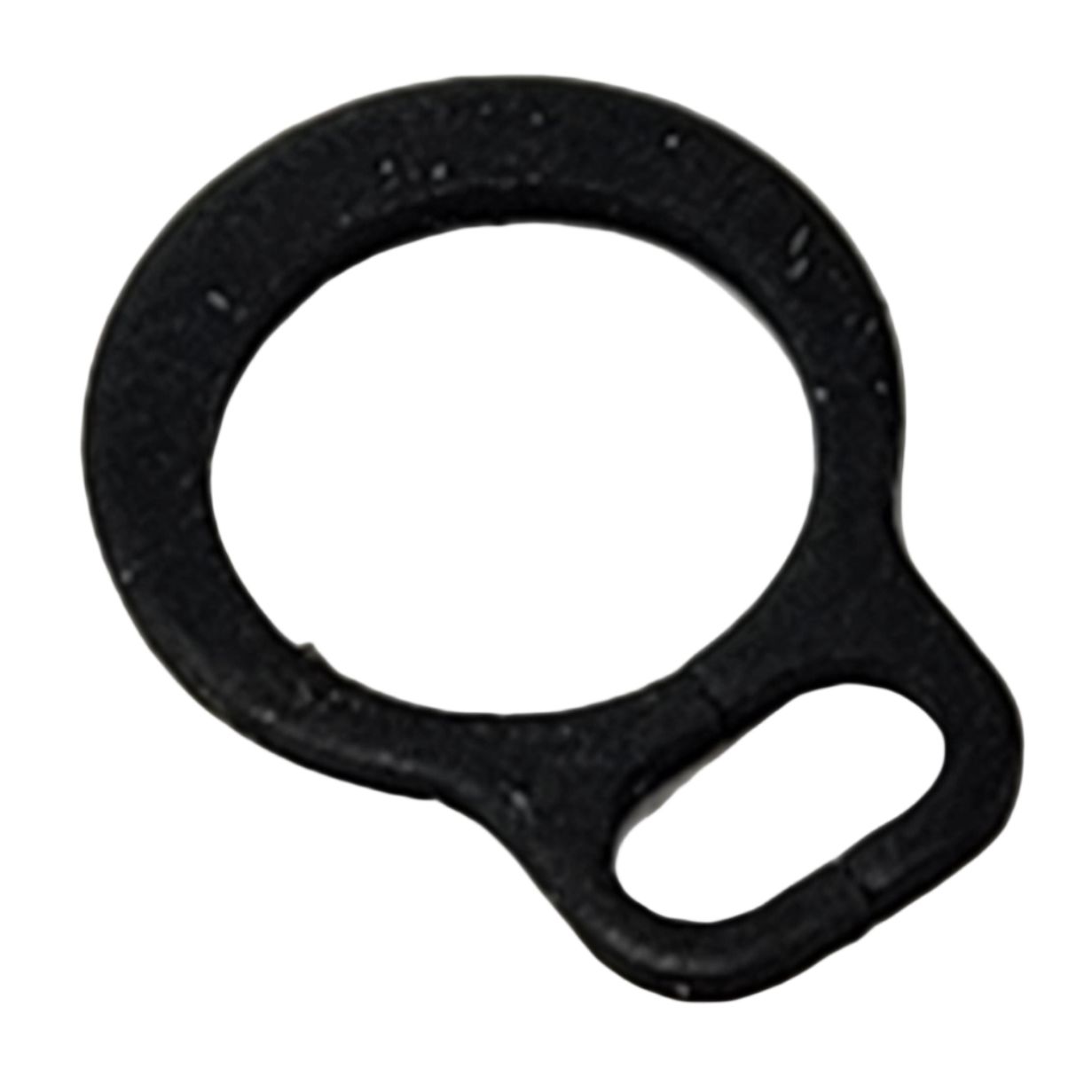 A black, flat metal retaining ring with a small rectangular extension at the bottom, isolated on a white background—ideal for use with Arctic Cat OEM parts. Product: Ring, Retaining By Arctic Cat.