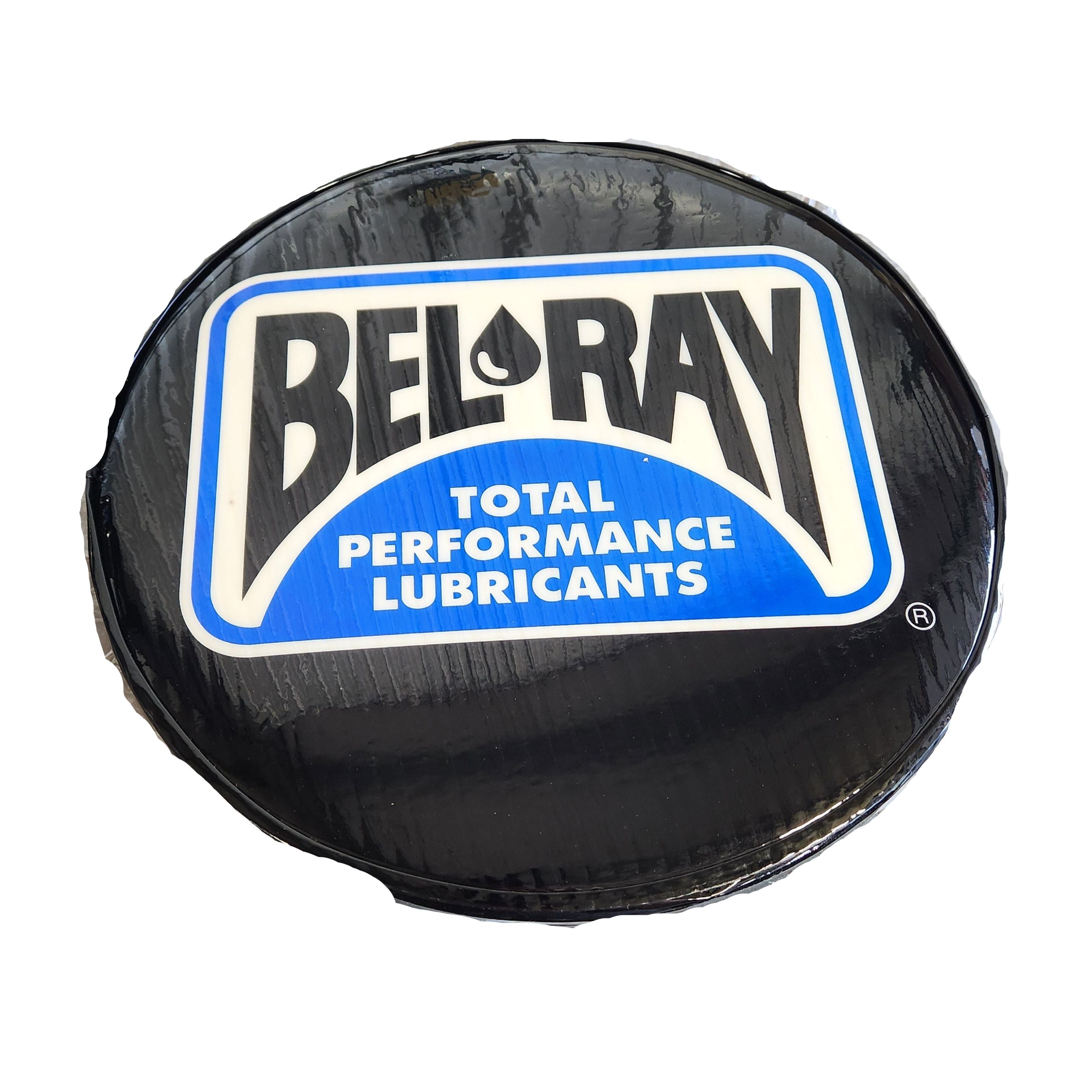 The Bar Stool By Bel-Ray is a black, round seat with a blue and white Bel-Ray Total Performance Lubricants label, supported by a sturdy chrome-plated pedestal. It is proudly made in the USA.