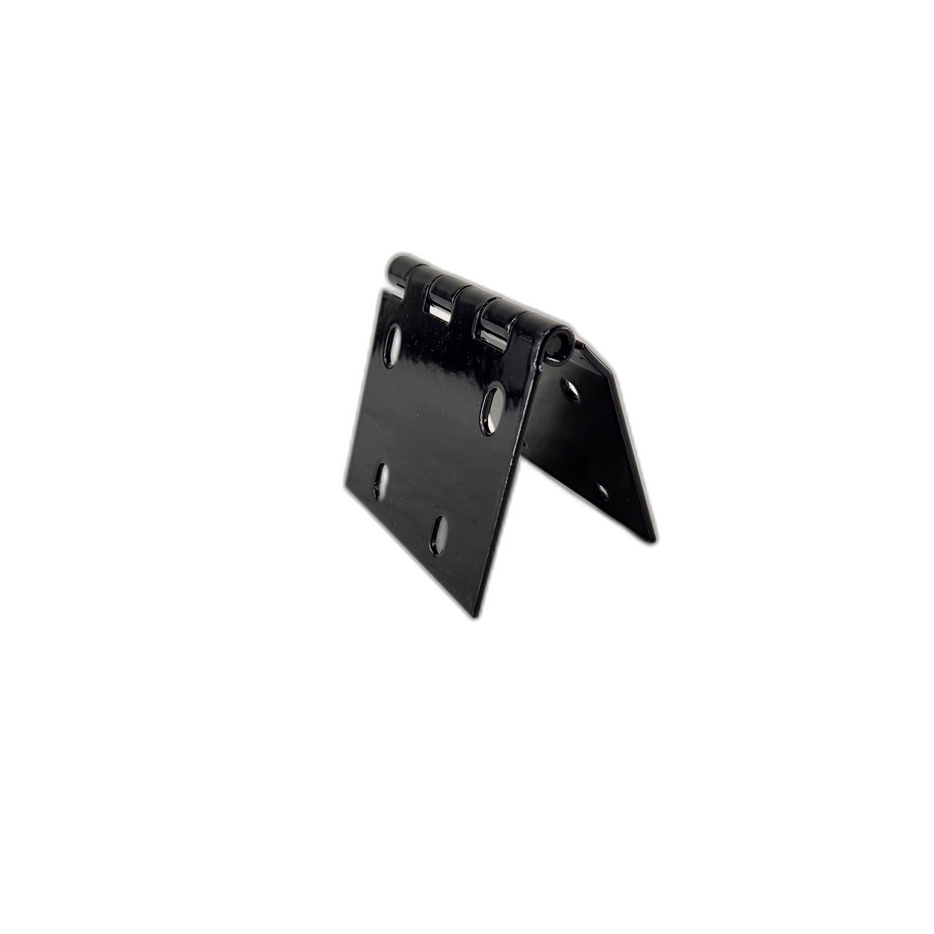 A black metal Assembly, Hinge by Polaris stands upright on a white background, partially open to reveal its two flat plates with screw holes—ideal for OEM Victory Polaris or other Victory motorcycle replacements.