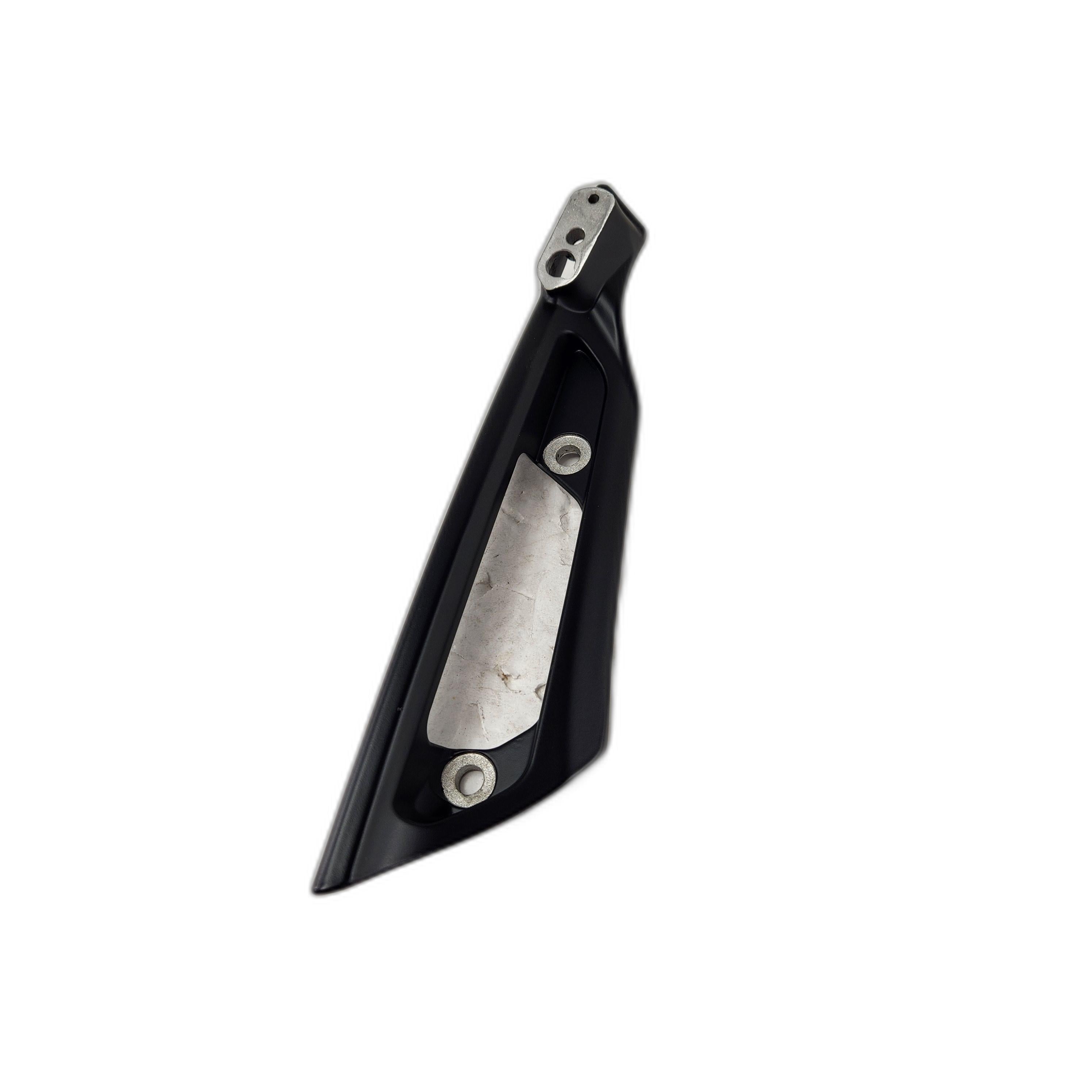 A black and silver metal Handle-Pass Ts LH Black by Polaris, angled with three screw holes and a middle cutout, likely an OEM part for Indian motorcycles, isolated on a white background.