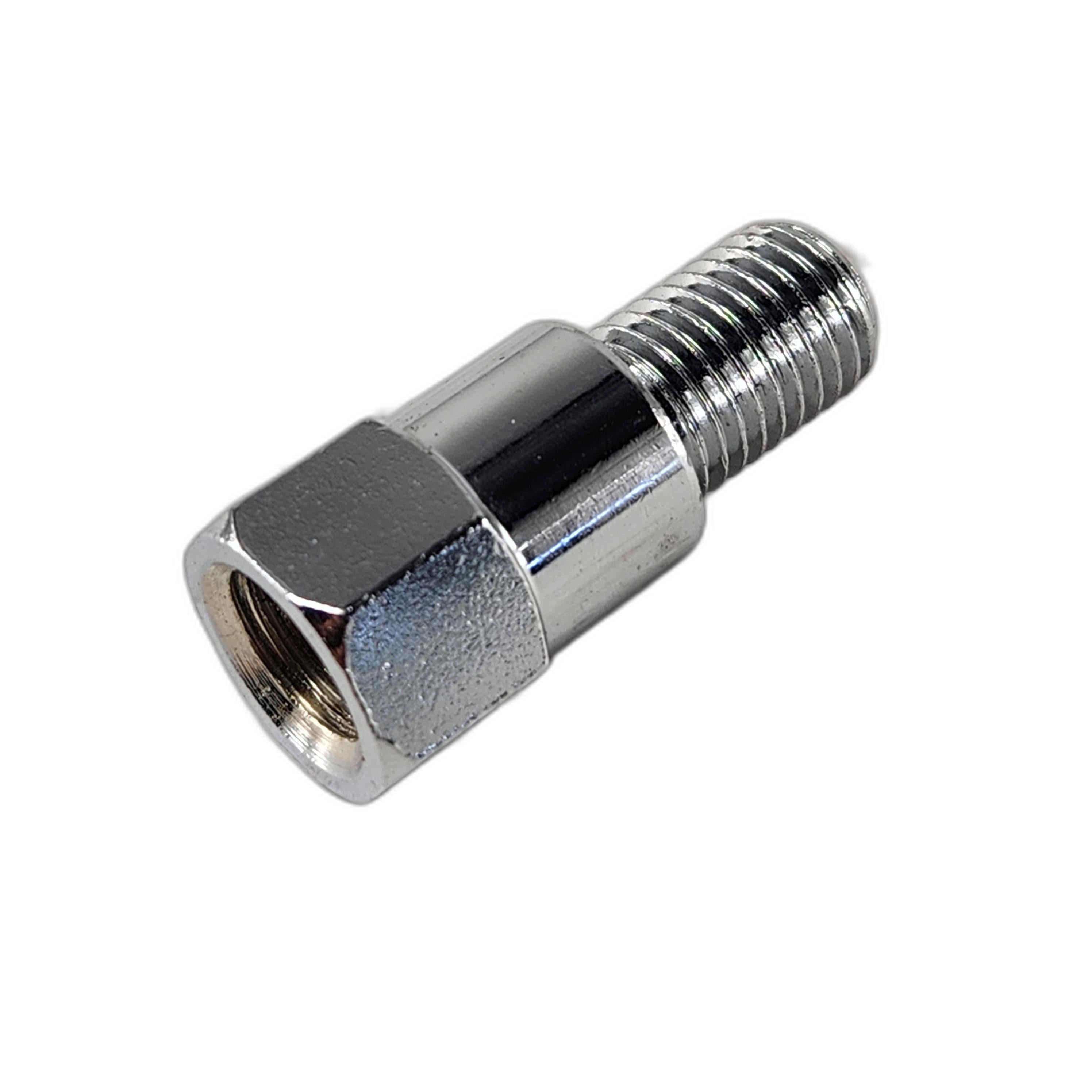 A close-up of the Mirror Jam Nut LH Chrome [IntL] by Polaris, a metal adapter with a hexagonal nut and male screw thread, similar to Victory motorcycle parts, isolated on a white background.