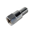 A close-up of the Mirror Jam Nut LH Chrome [IntL] by Polaris, a metal adapter with a hexagonal nut and male screw thread, similar to Victory motorcycle parts, isolated on a white background.