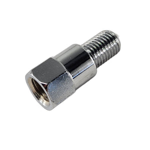 A close-up of the Mirror Jam Nut LH Chrome [IntL] by Polaris, a metal adapter with a hexagonal nut and male screw thread, similar to Victory motorcycle parts, isolated on a white background.