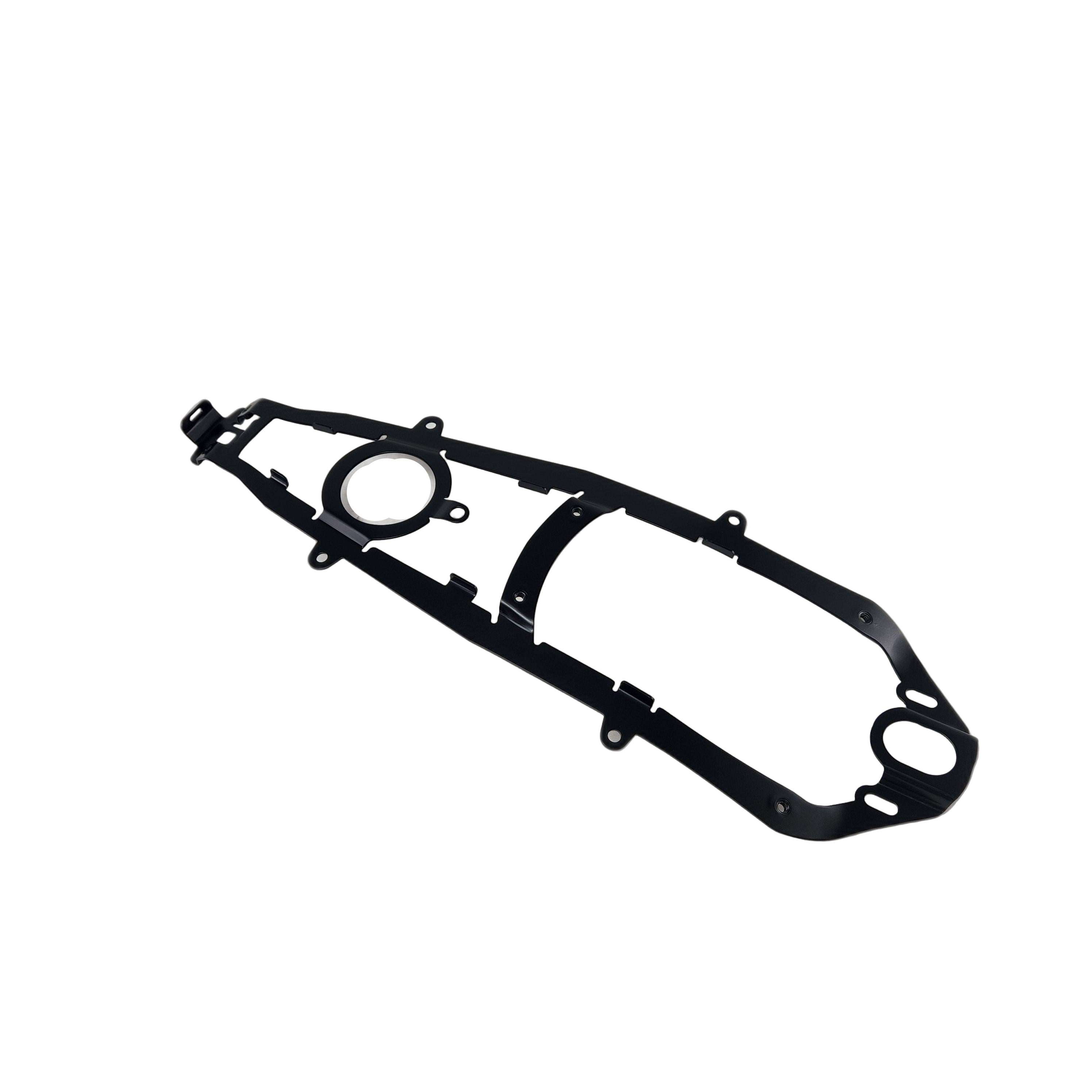 The Bracket-Alignment Bodywork Ecoat by Polaris is a black and silver OEM part with multiple holes and attachment points, shown isolated on a white background.