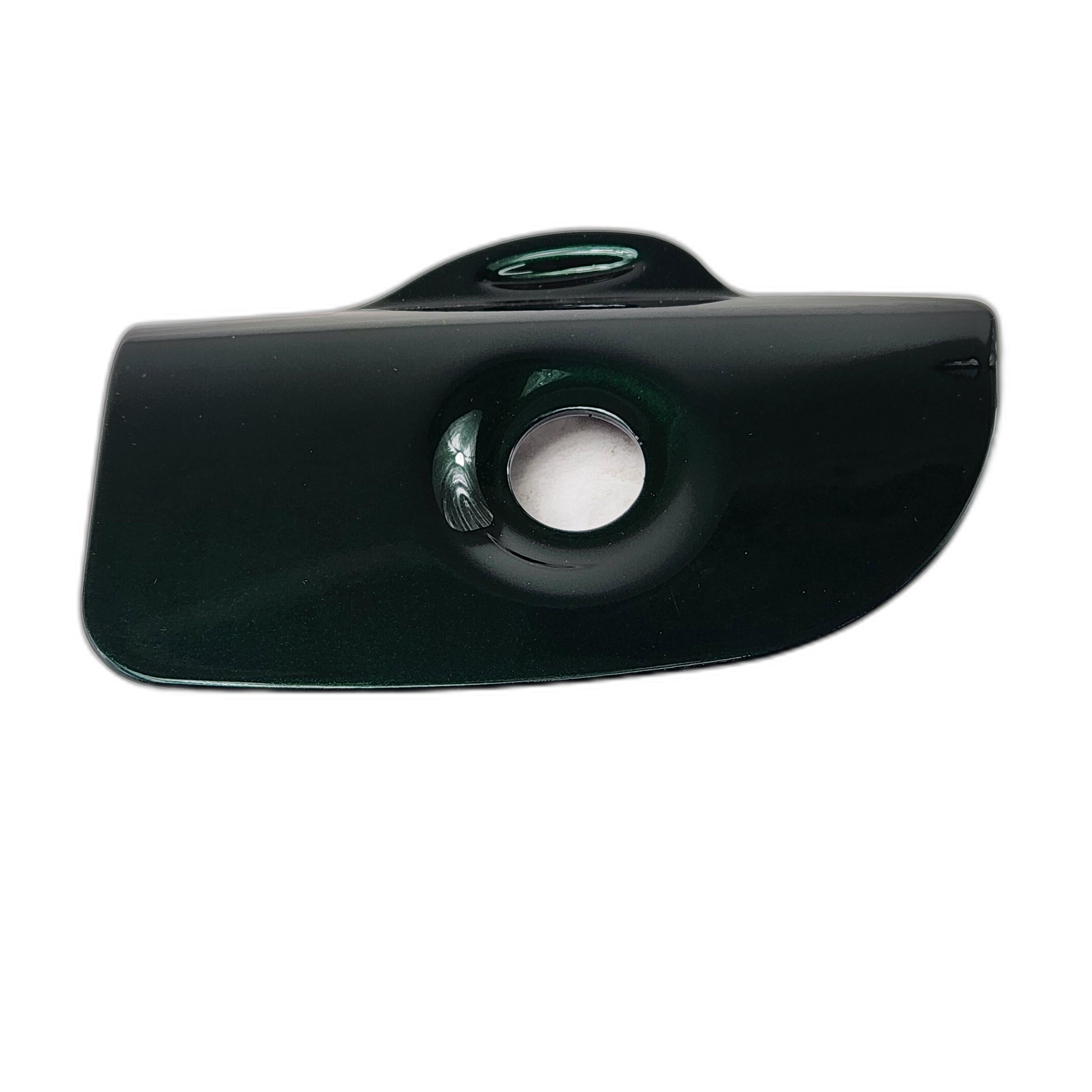 The Cover, Lock, LH [Green] by Polaris is a glossy dark green plastic part with a curved design, central circular hole, and a small raised top section, designed for OEM Victory Polaris models and shown on a white background.