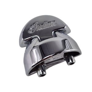 The Assembly Hinge Saddlebag Front Chrome by Polaris features Indian engraved on top and two cylindrical connectors below. Photographed on a white background, its an authentic OEM part for Indian motorcycle enthusiasts and collectors.