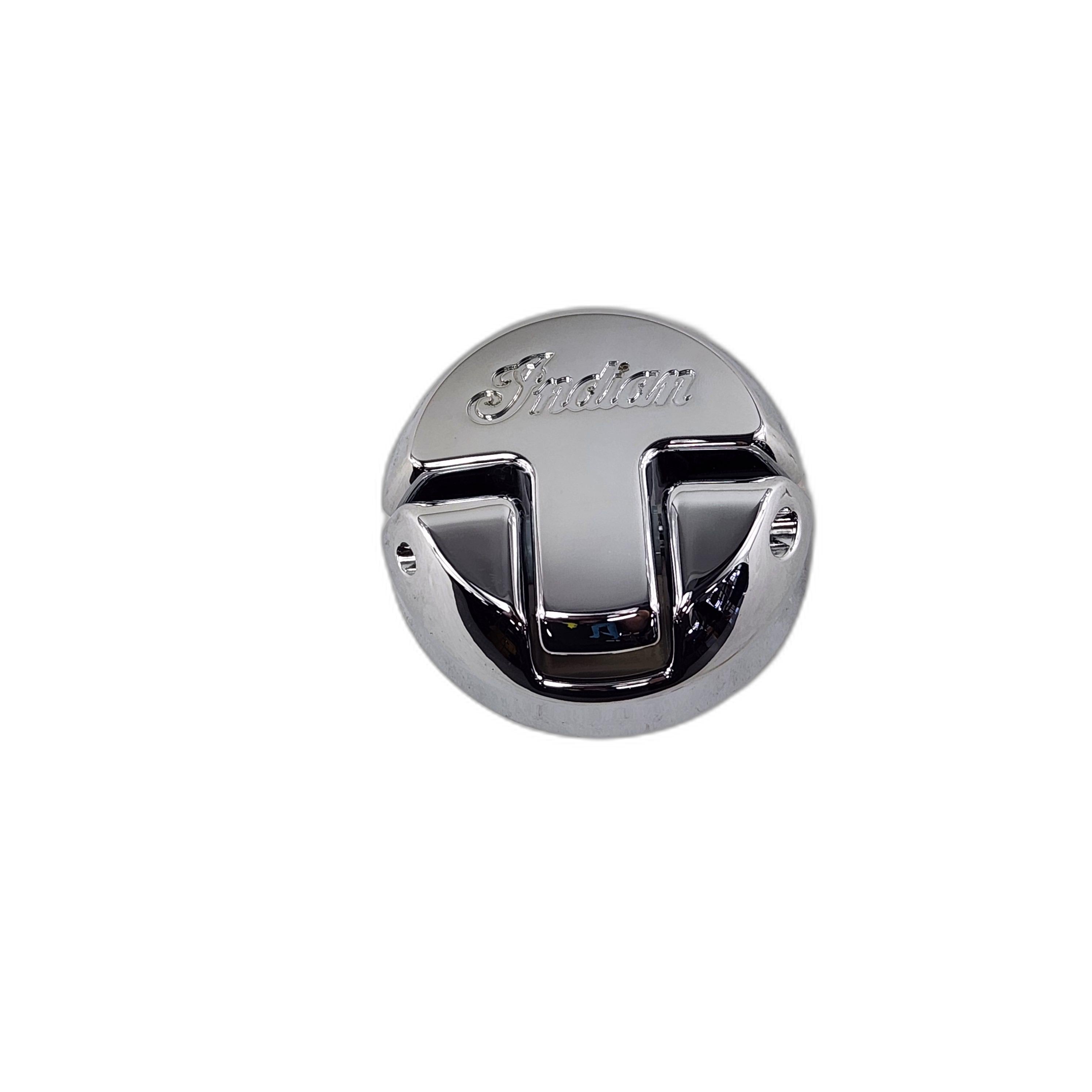 A chrome Assembly Hinge Saddlebag Rear by Polaris, shown on a white background—an authentic accessory for your Indian motorcycle and a perfect match with other OEM Indian Polaris parts.