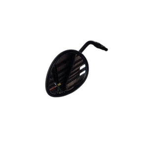 The Asm-Mirror LH Black Eu by Polaris is a black oval motorcycle side mirror, shown reflecting a ceiling and isolated on white, and is compatible with OEM Indian Polaris parts for your Indian motorcycle.