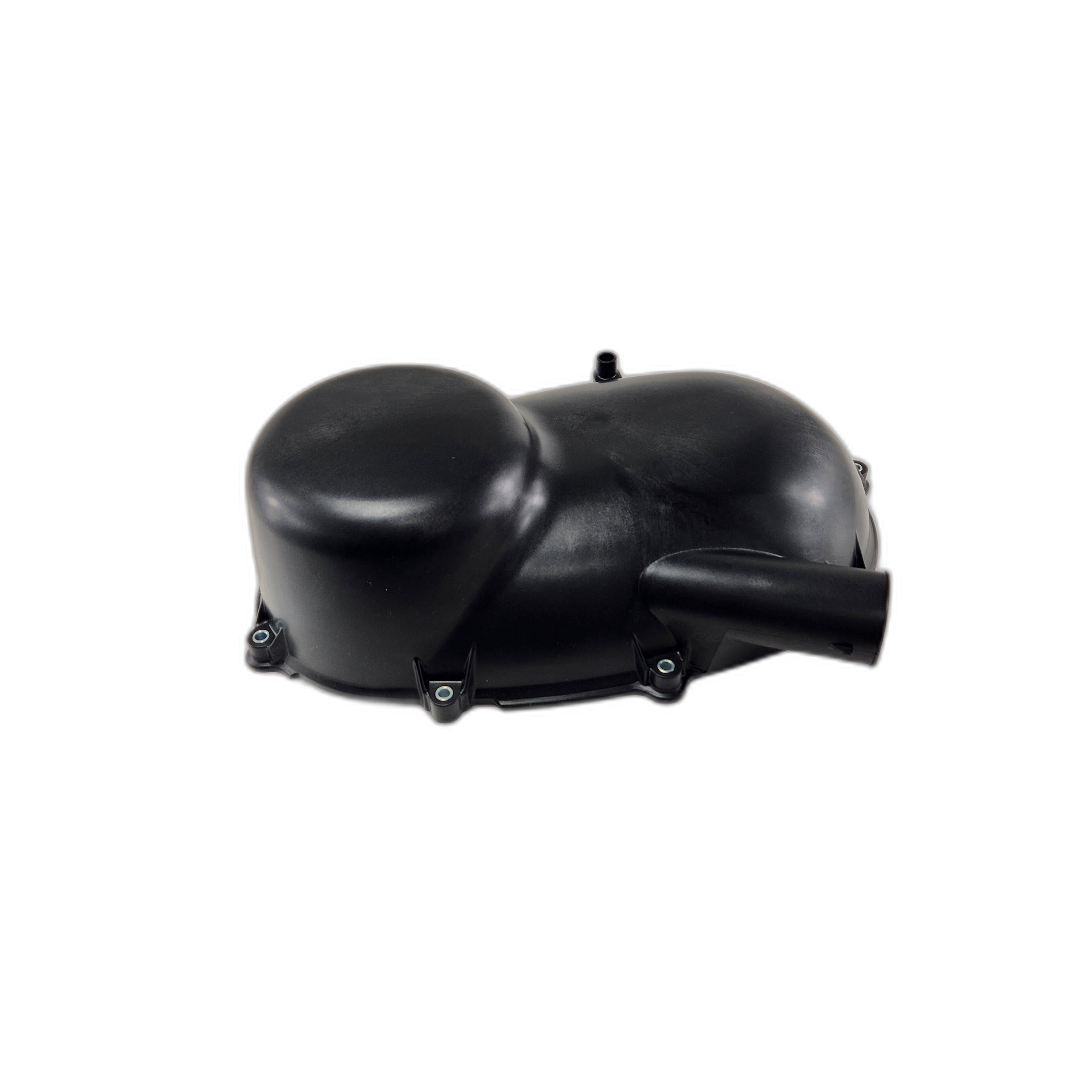 The Cover, Belt Converter by Kawasaki is a black plastic engine cover with a rounded, asymmetrical shape and multiple mounting points—an original Kawasaki Off Road OEM part ideal for UTV replacement, shown on a white background.